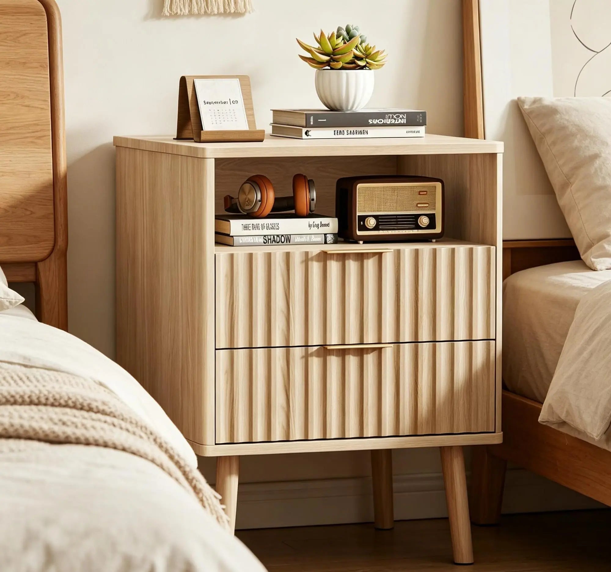 24" Natural Wood Ribbed Texture And Mirrored Glass Two Drawer Nightstand Homeroots Bed & Bath
