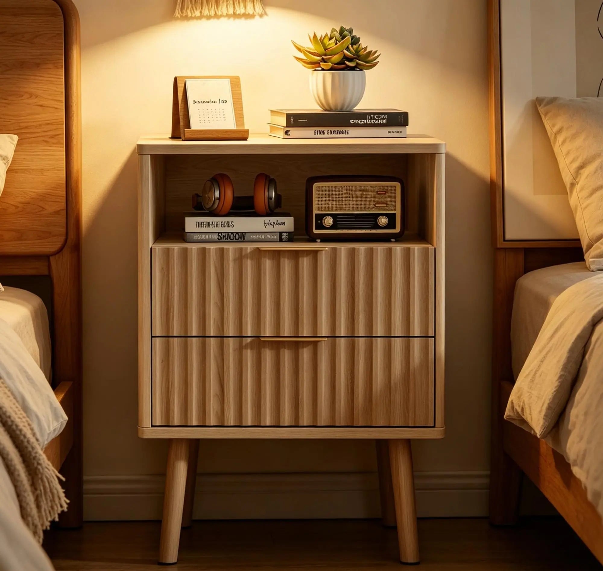 24" Natural Wood Ribbed Texture And Mirrored Glass Two Drawer Nightstand Homeroots Bed & Bath