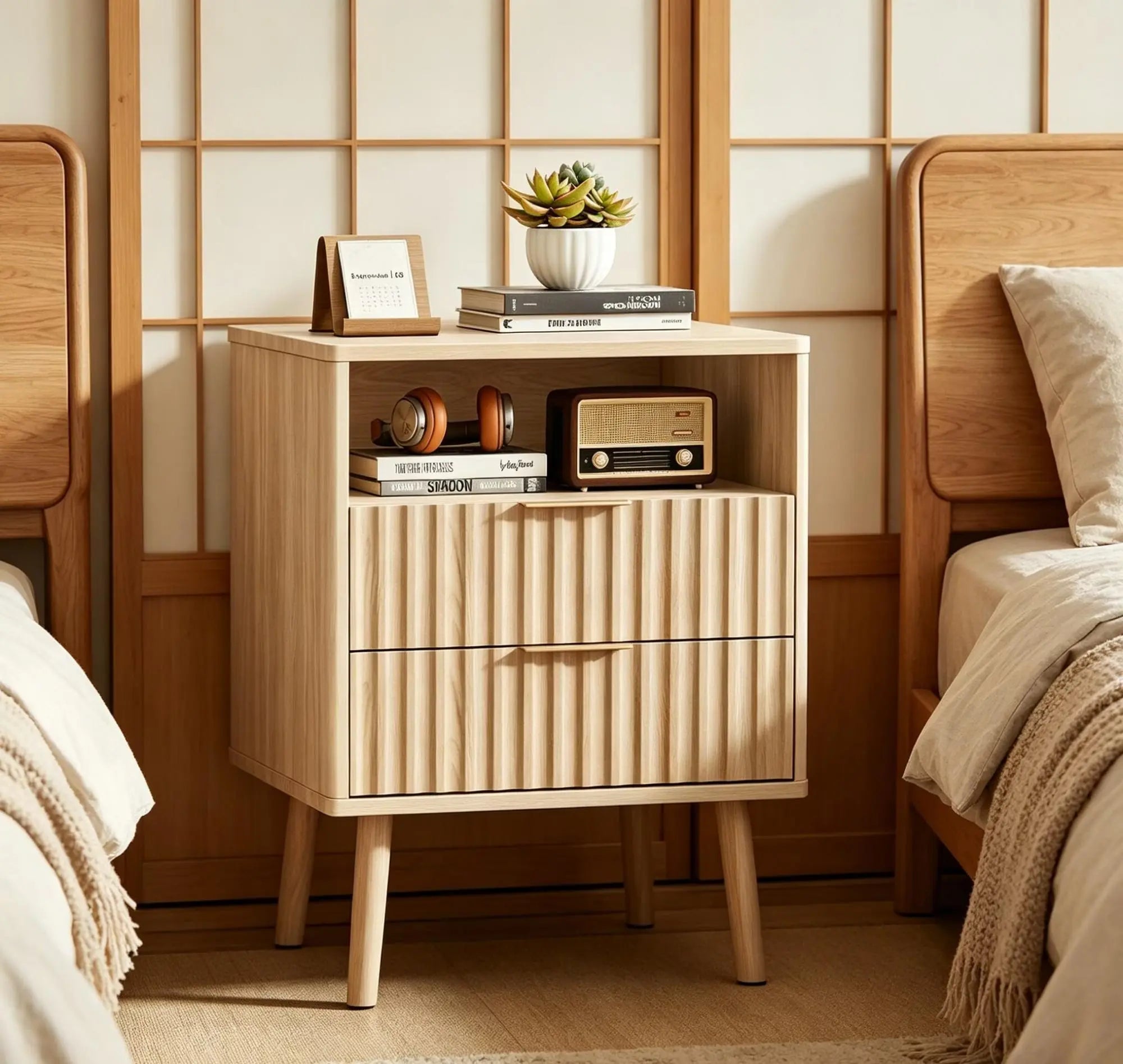 24" Natural Wood Ribbed Texture And Mirrored Glass Two Drawer Nightstand Homeroots Bed & Bath