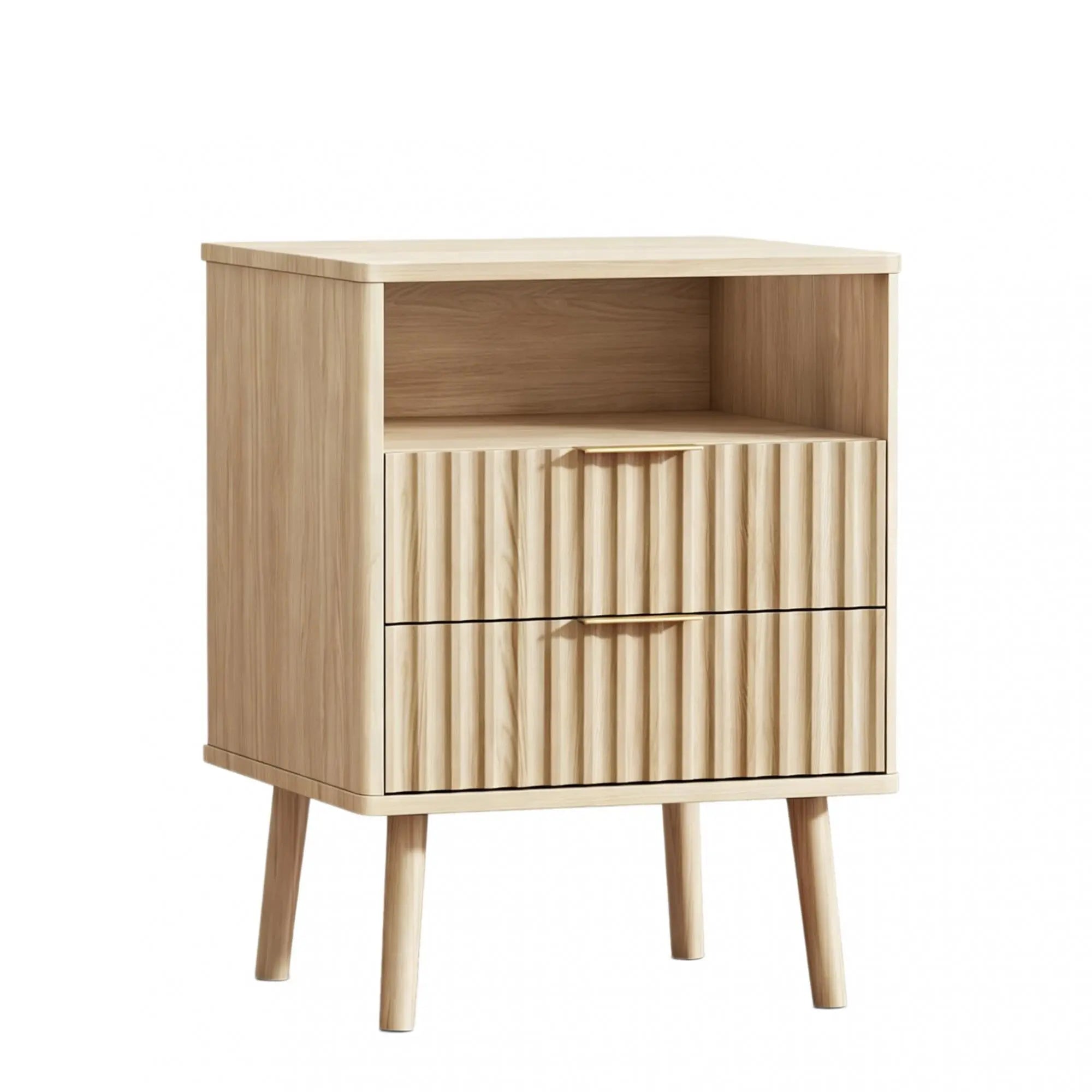 24" Natural Wood Ribbed Texture And Mirrored Glass Two Drawer Nightstand Homeroots Bed & Bath