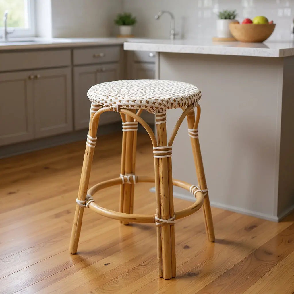 24" Natural and White Rattan Backless Counter Height Bar Chair Homeroots Living Room