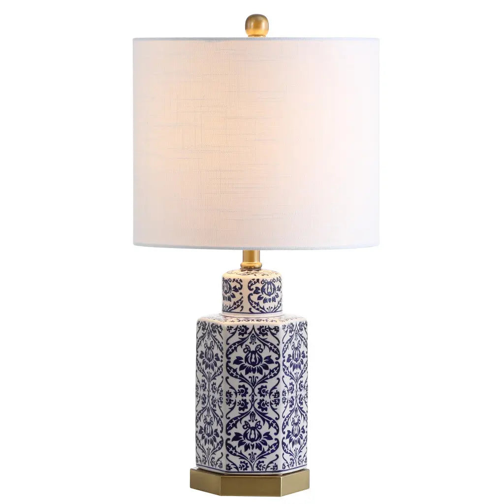 24" Navy Blue Gold And White Table Lamp With Drum Shade Homeroots Lighting