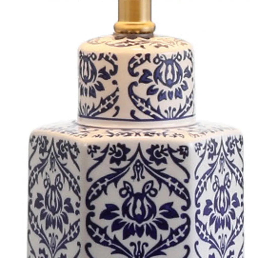 24" Navy Blue Gold And White Table Lamp With Drum Shade Homeroots Lighting