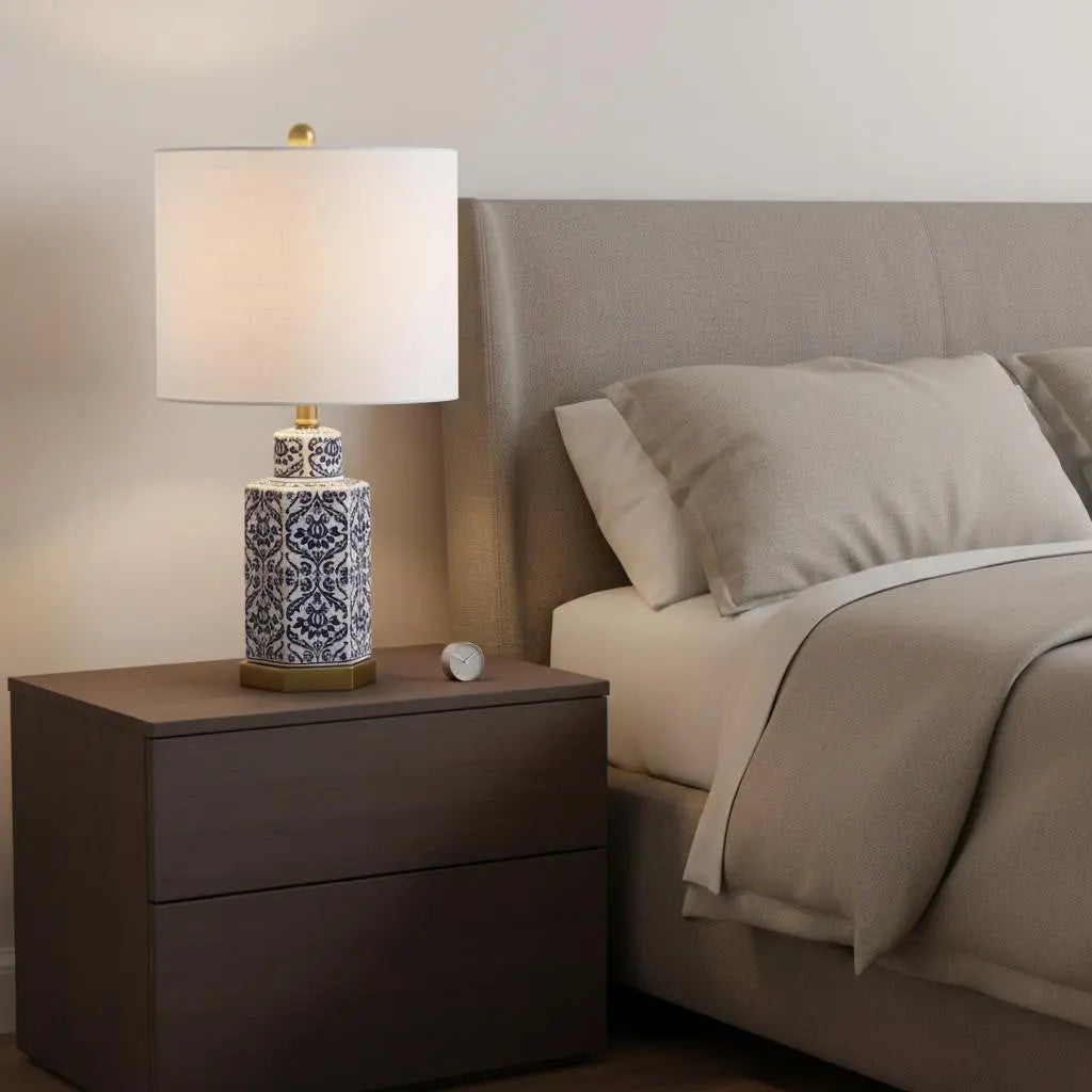 24" Navy Blue Gold And White Table Lamp With Drum Shade Homeroots Lighting