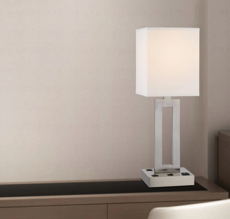 24" Nickel Metal Desk Usb Table Lamp With White Drum Shade Homeroots Lighting