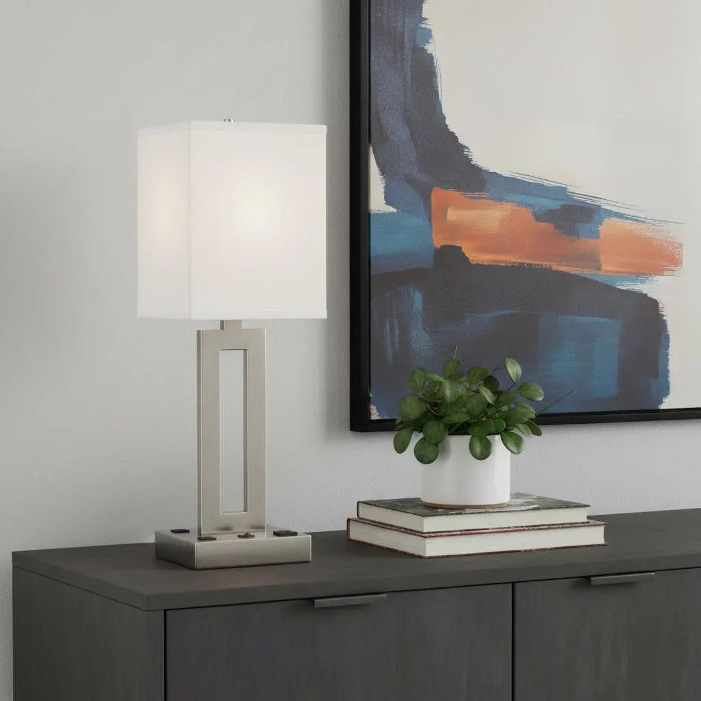 24" Nickel Metal Desk Usb Table Lamp With White Drum Shade Homeroots Lighting