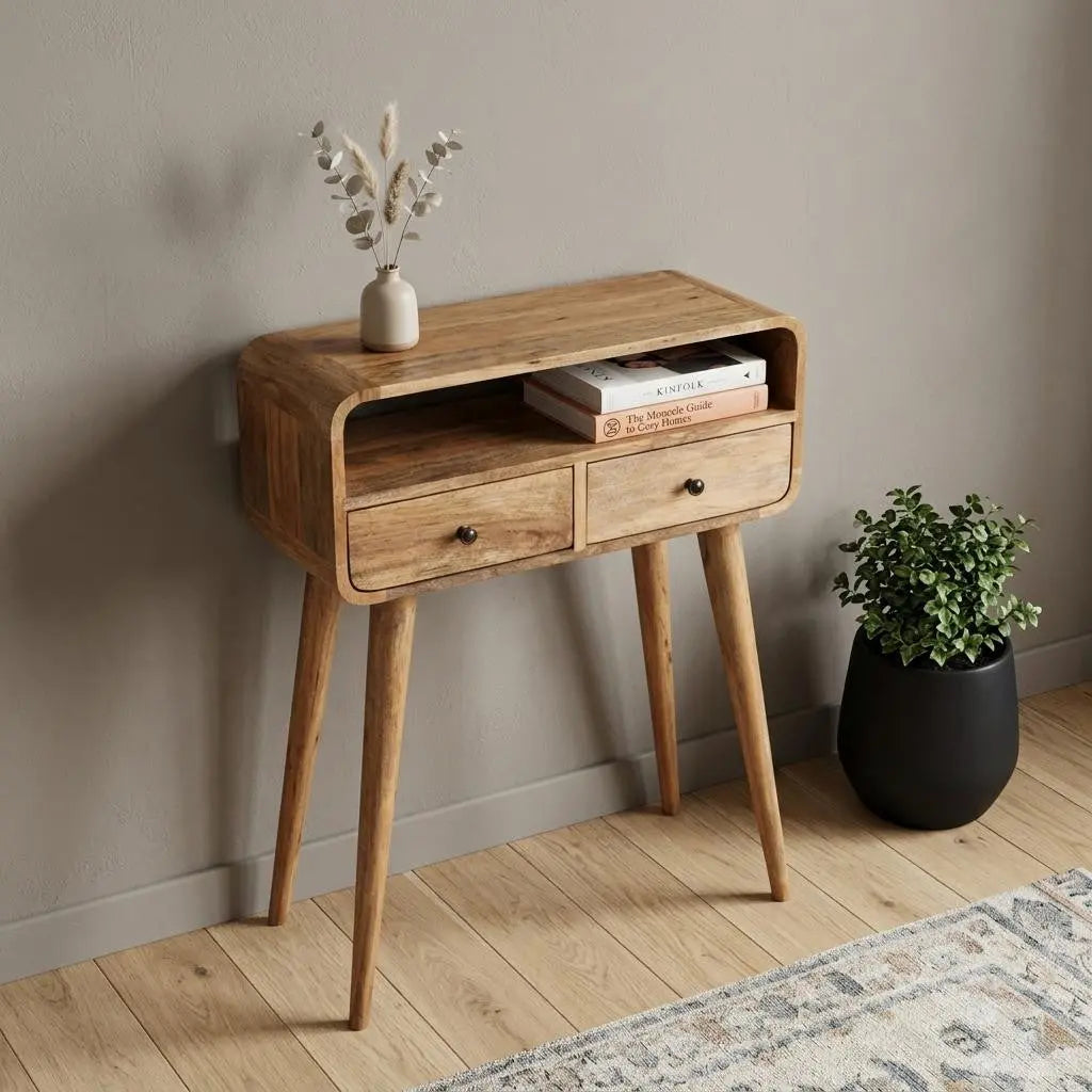 24" Oak Solid Wood Console Table With Shelf And Two Drawers Homeroots Living Room