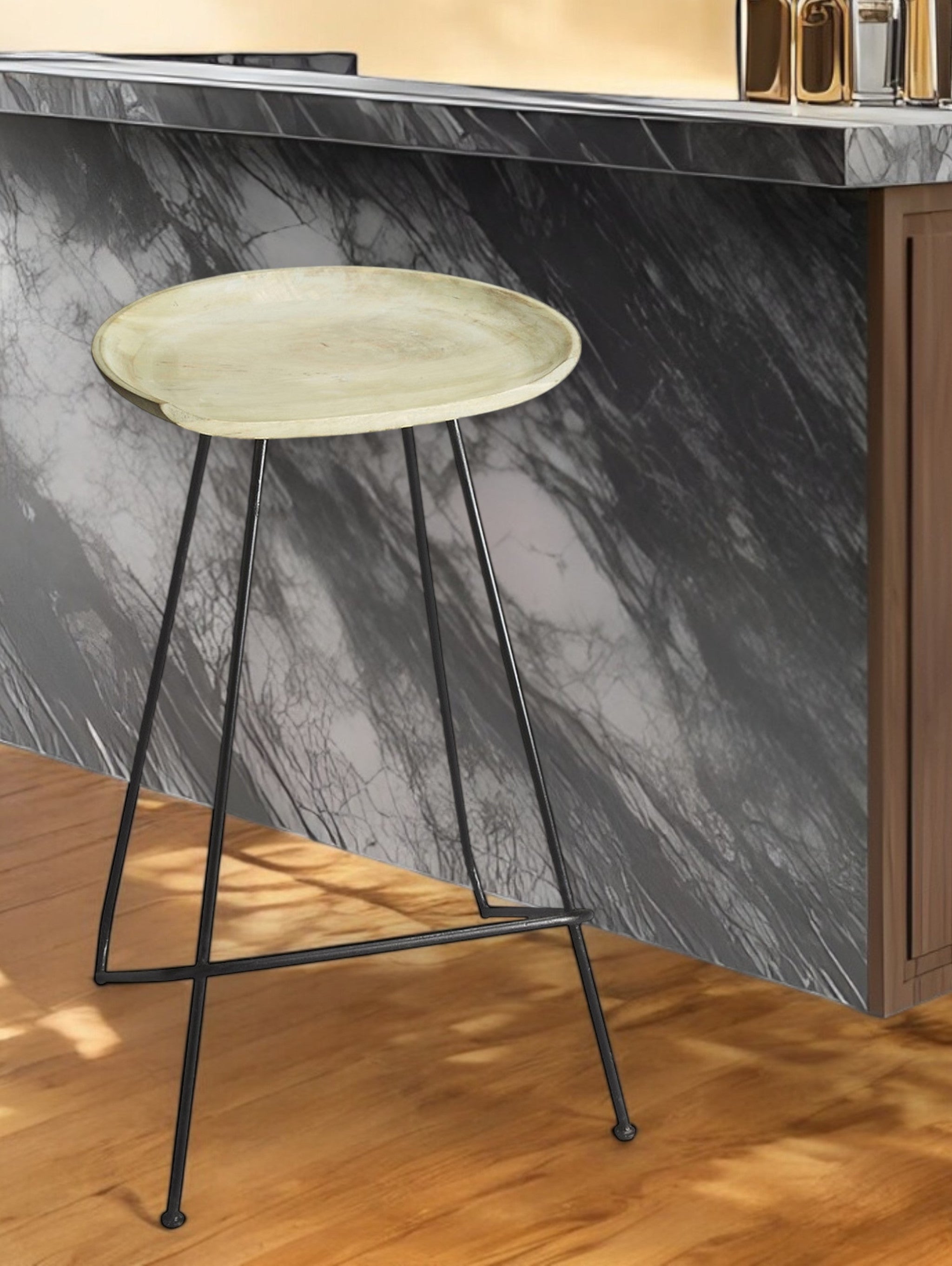 24" Off White and Black Manufactured Wood and Iron Backless Counter Height Bar Chair - GreatEagleInc