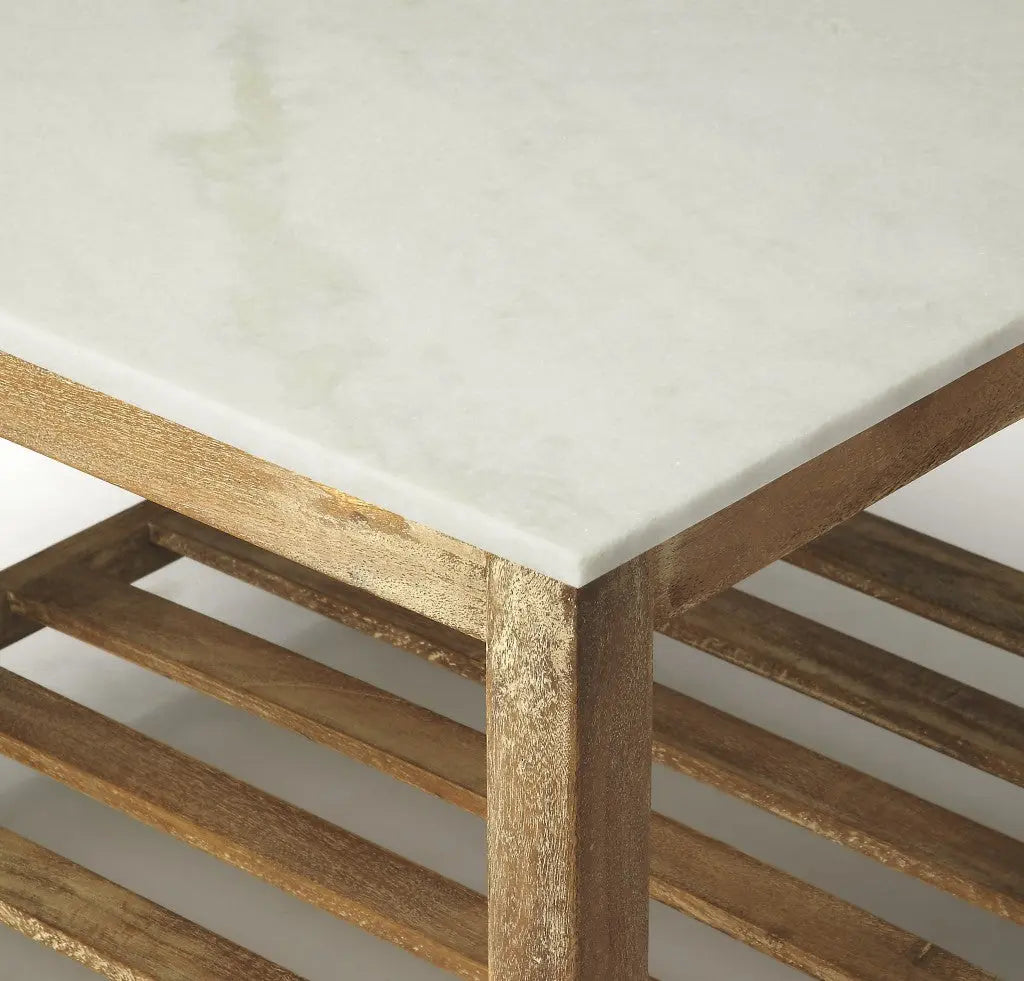 24" Off White and Brown Genuine Marble and Wood Square Coffee Table With Shelf Homeroots Living Room