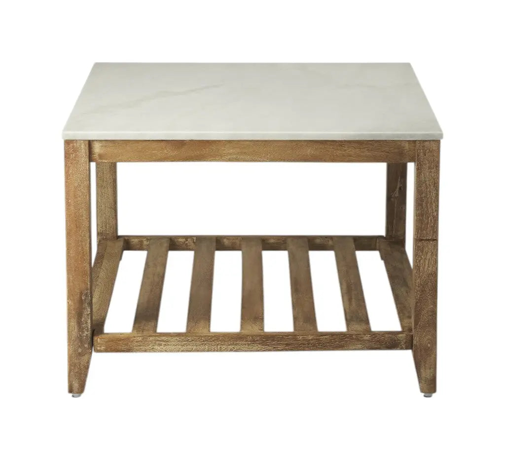 24" Off White and Brown Genuine Marble and Wood Square Coffee Table With Shelf Homeroots Living Room