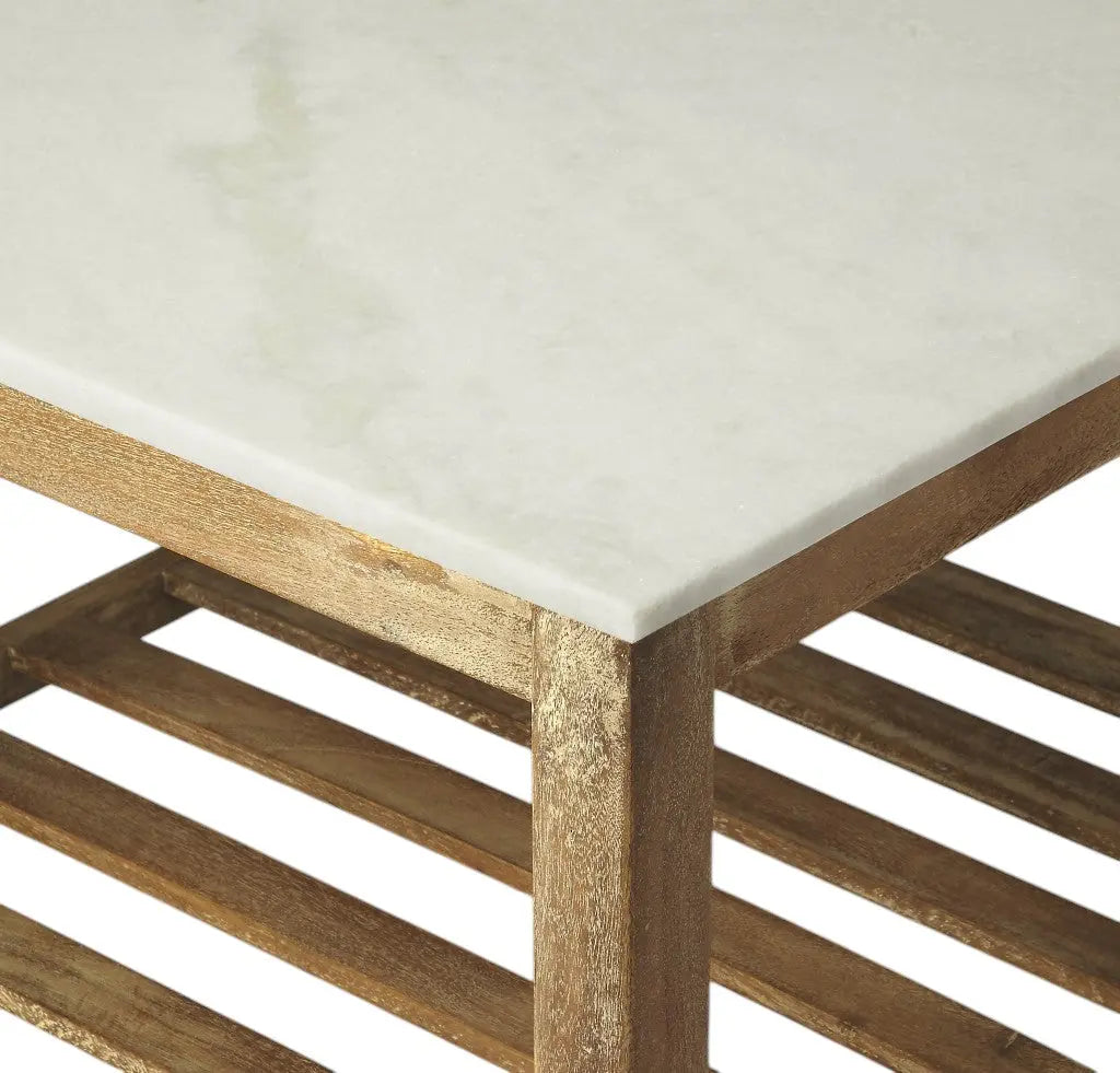 24" Off White and Brown Genuine Marble and Wood Square Coffee Table With Shelf Homeroots Living Room