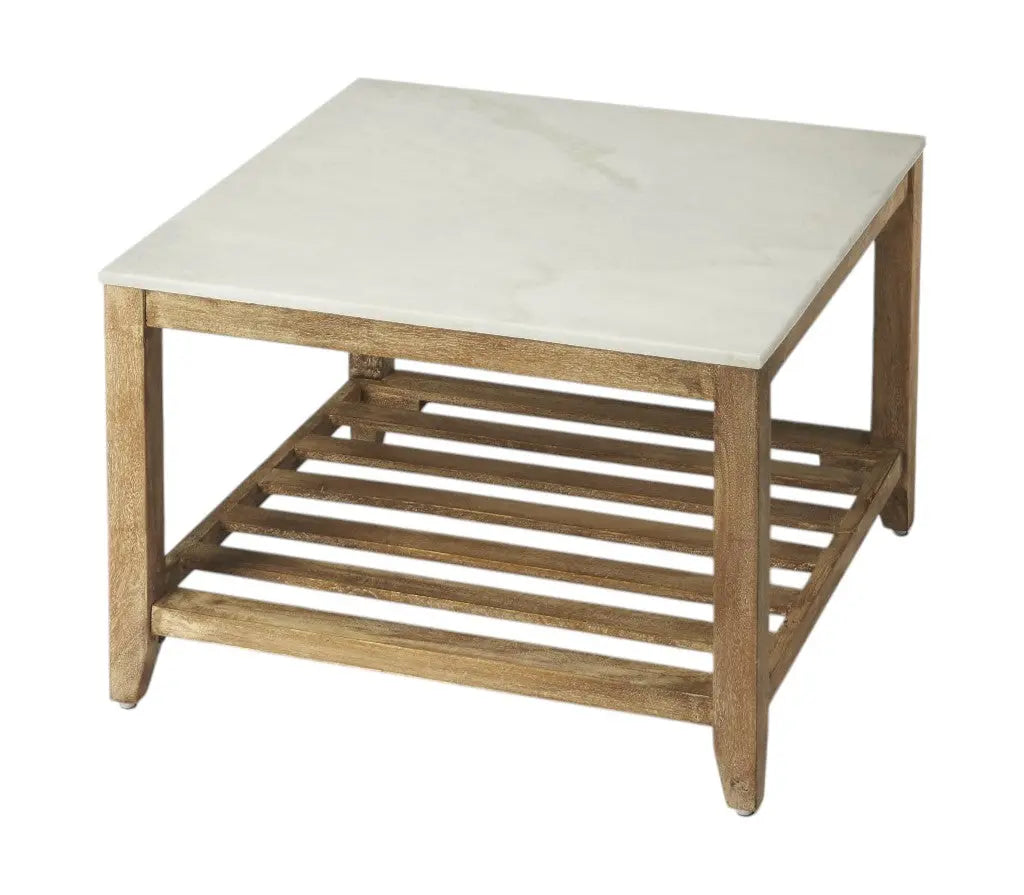 24" Off White and Brown Genuine Marble and Wood Square Coffee Table With Shelf Homeroots Living Room