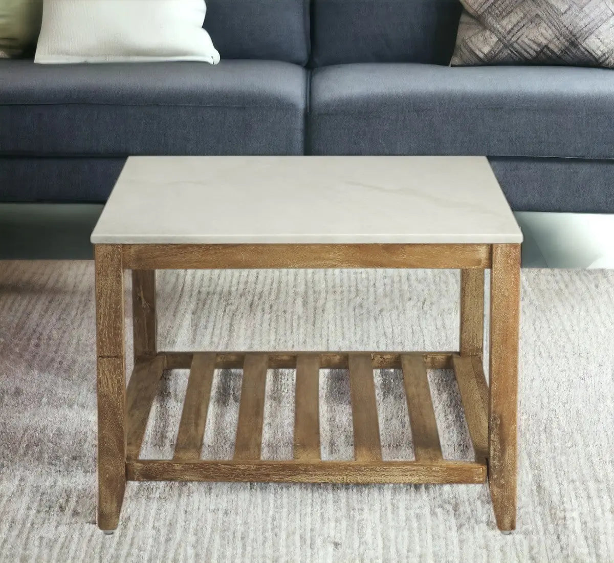 24" Off White and Brown Genuine Marble and Wood Square Coffee Table With Shelf Homeroots Living Room
