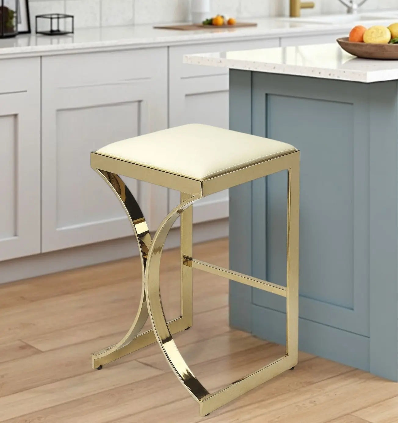 24" Off White and Gold Faux Leather and Iron Backless Counter Height Bar Chair Homeroots Living Room