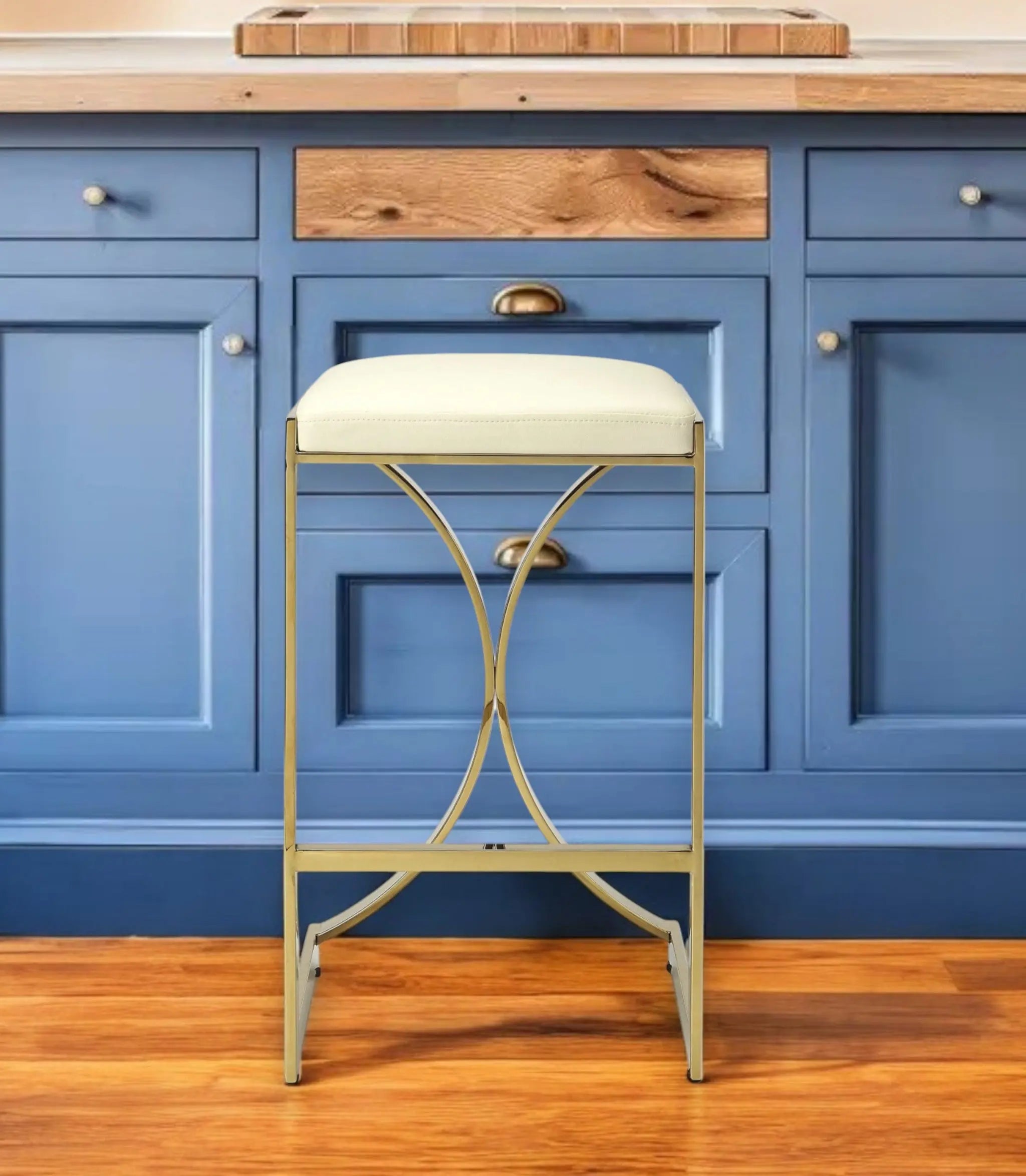 24" Off White and Gold Faux Leather and Iron Backless Counter Height Bar Chair Homeroots Living Room