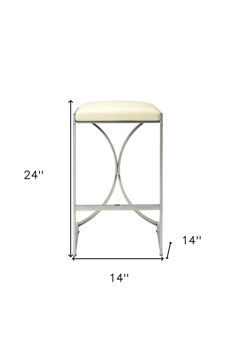 24" Off White and Silver Faux Leather and Iron Backless Counter Height Bar Chair Homeroots Living Room
