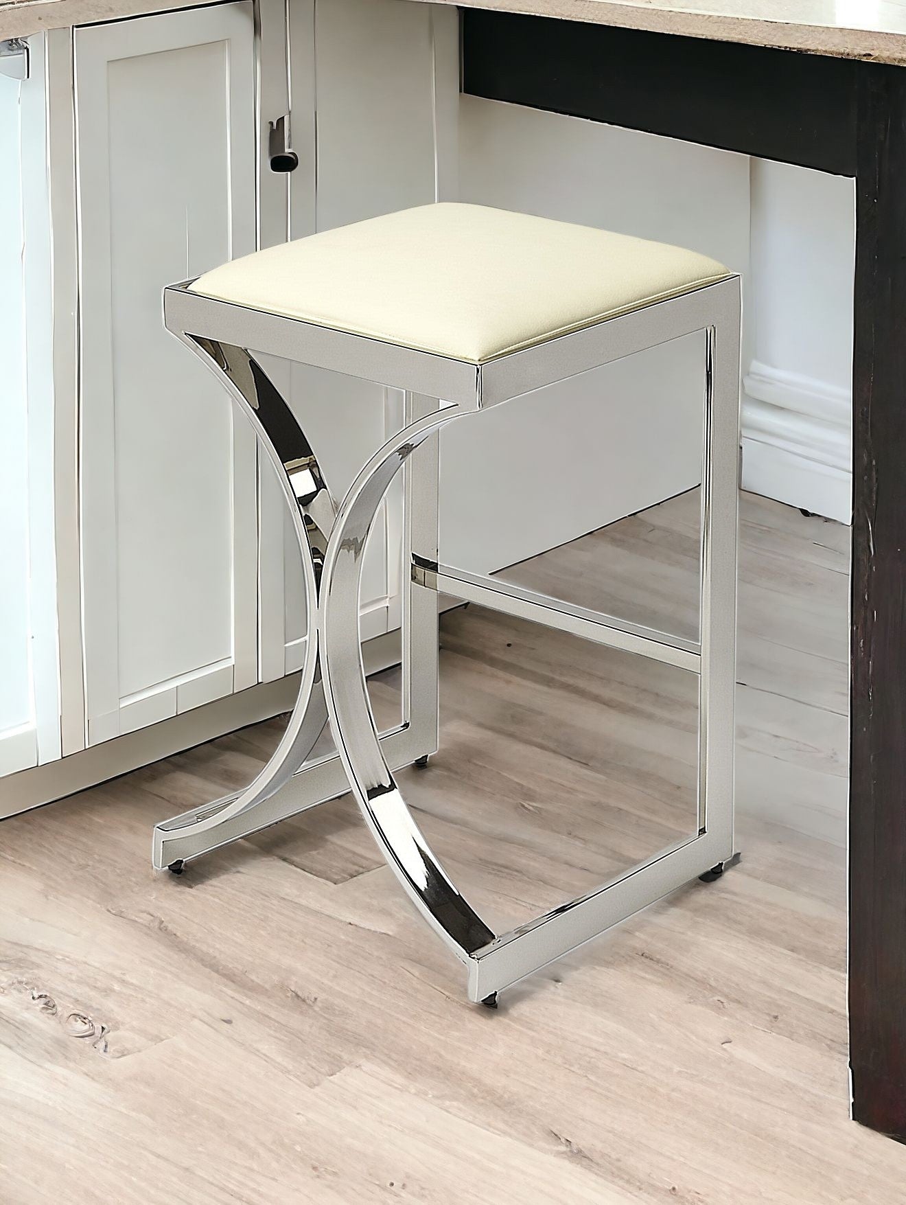 24" Off White and Silver Faux Leather and Iron Backless Counter Height Bar Chair Homeroots Living Room