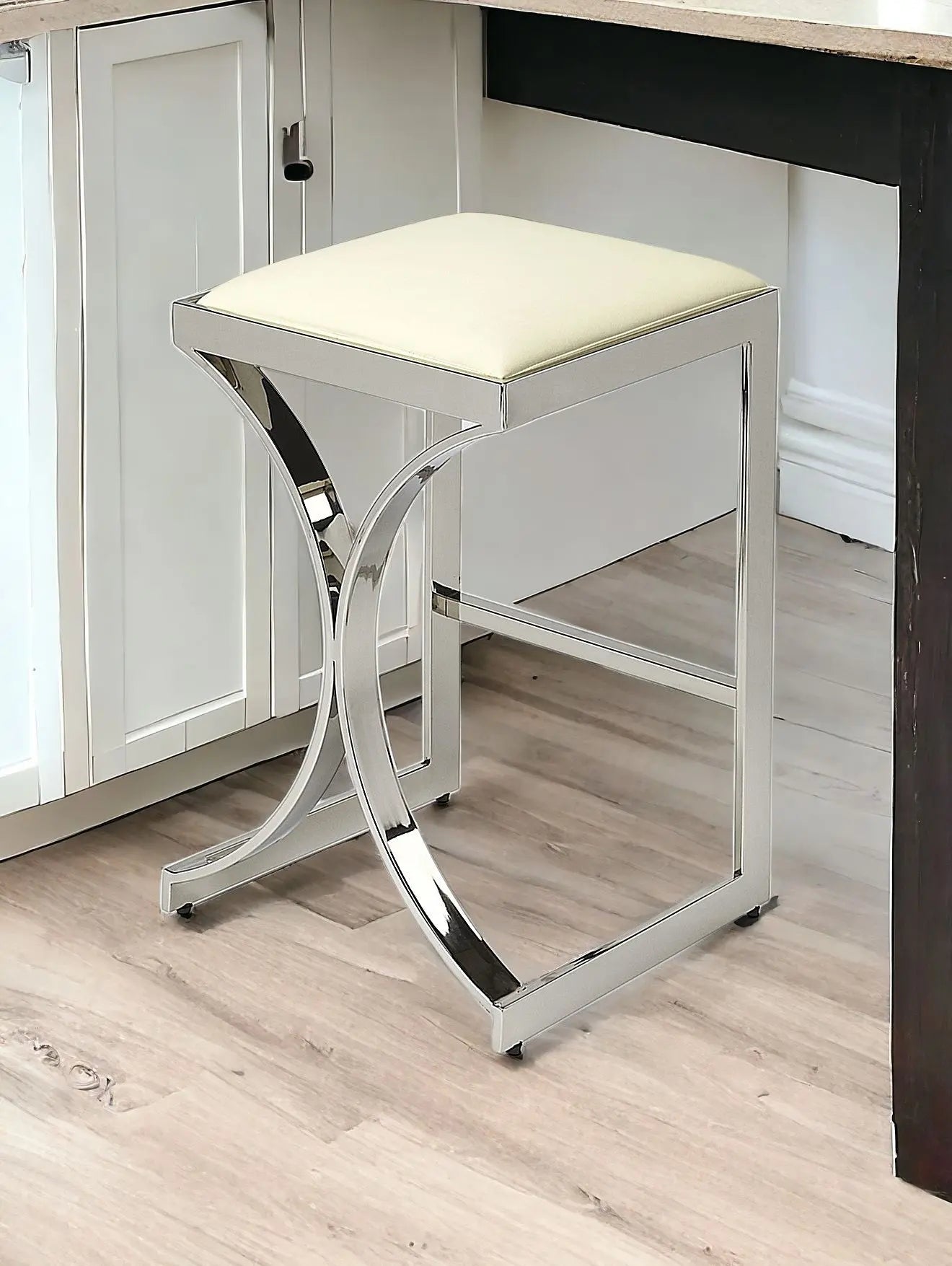 24" Off White and Silver Faux Leather and Iron Backless Counter Height Bar Chair Homeroots Living Room