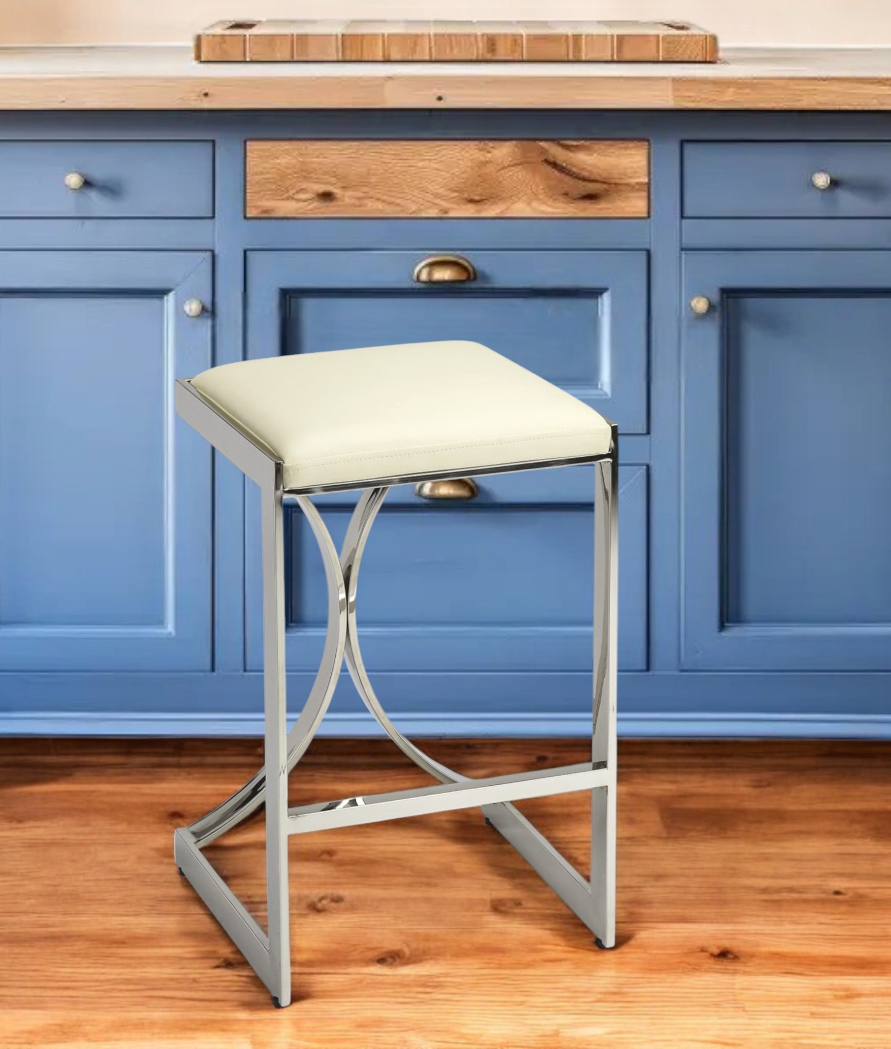 24" Off White and Silver Faux Leather and Iron Backless Counter Height Bar Chair Homeroots Living Room