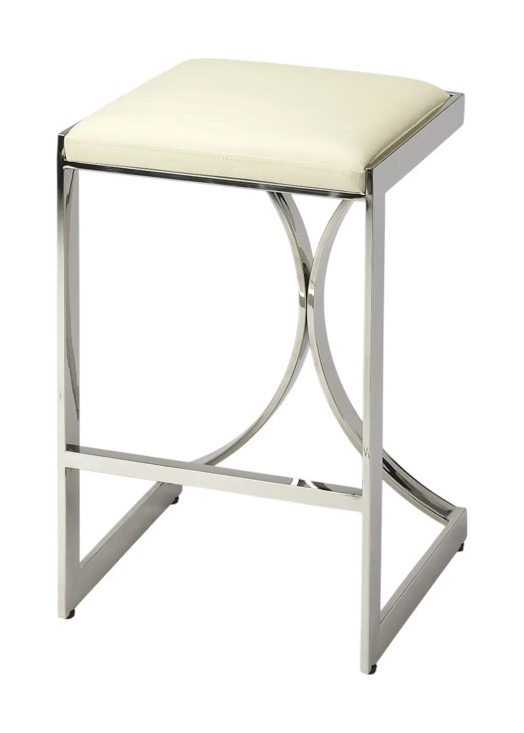 24" Off White and Silver Faux Leather and Iron Backless Counter Height Bar Chair Homeroots Living Room