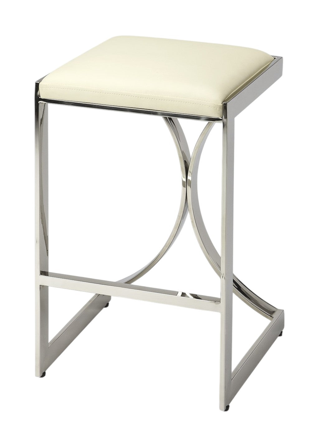 24" Off White and Silver Faux Leather and Iron Backless Counter Height Bar Chair Homeroots Living Room