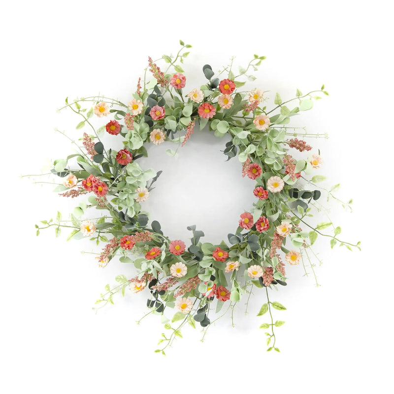 24" Pink and Green Artificial Spring Daisy Wreath Homeroots Home Decor