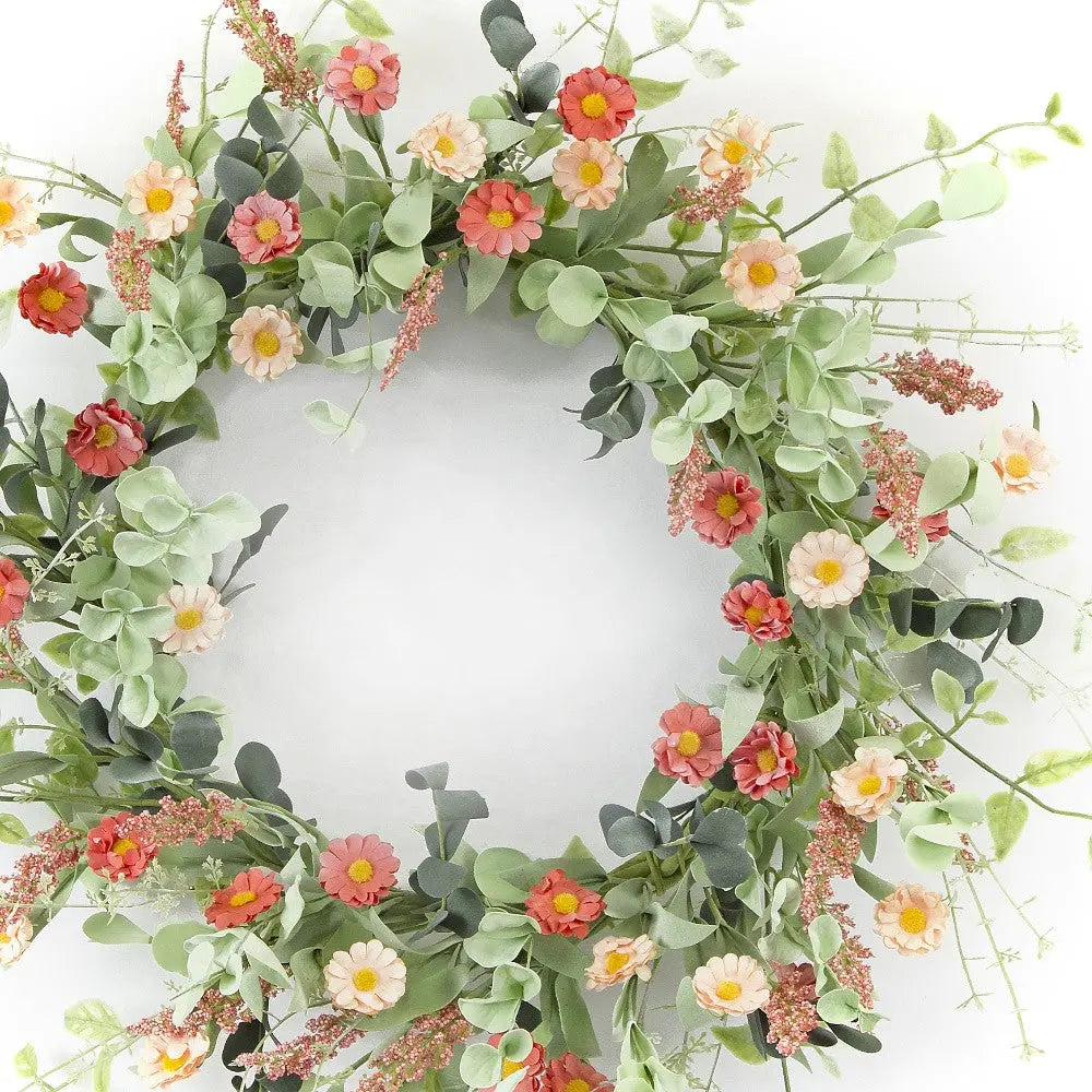 24" Pink and Green Artificial Spring Daisy Wreath Homeroots Home Decor