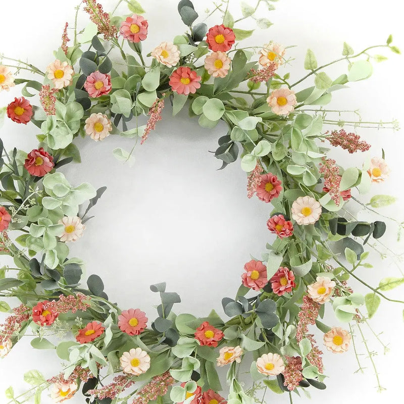24" Pink and Green Artificial Spring Daisy Wreath Homeroots Home Decor