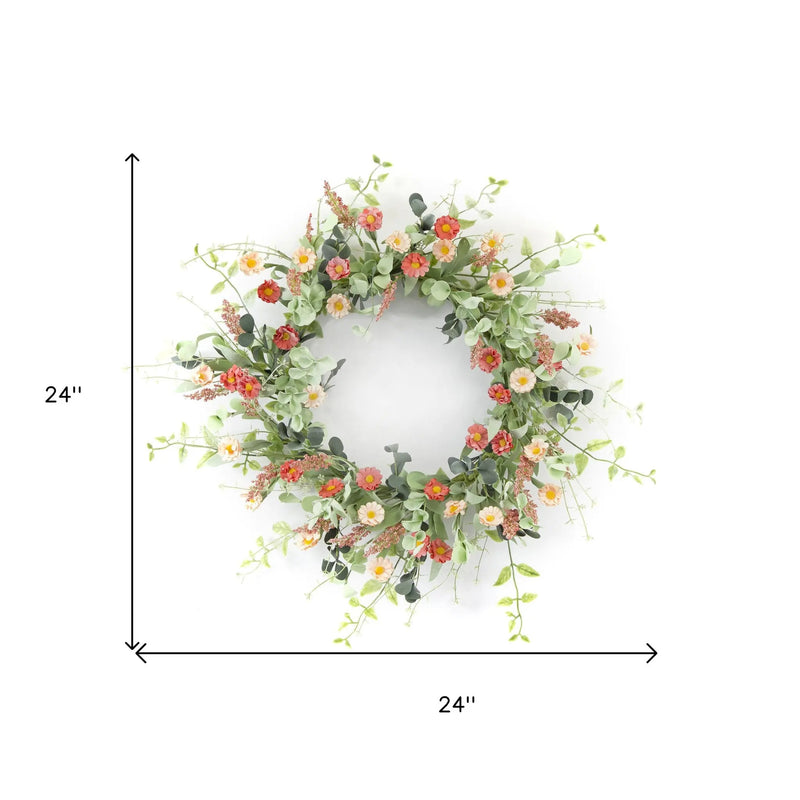 24" Pink and Green Artificial Spring Daisy Wreath Homeroots Home Decor