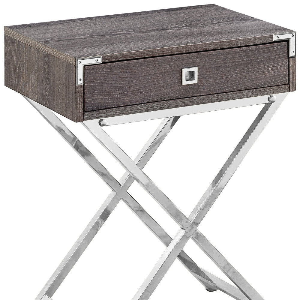 24" Silver And Deep Taupe Wood And Metal End Table With Drawer - GreatEagleInc