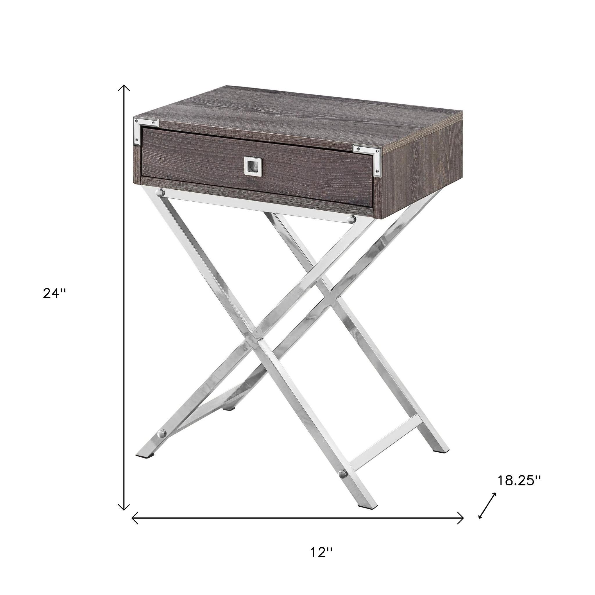 24" Silver And Deep Taupe Wood And Metal End Table With Drawer - GreatEagleInc