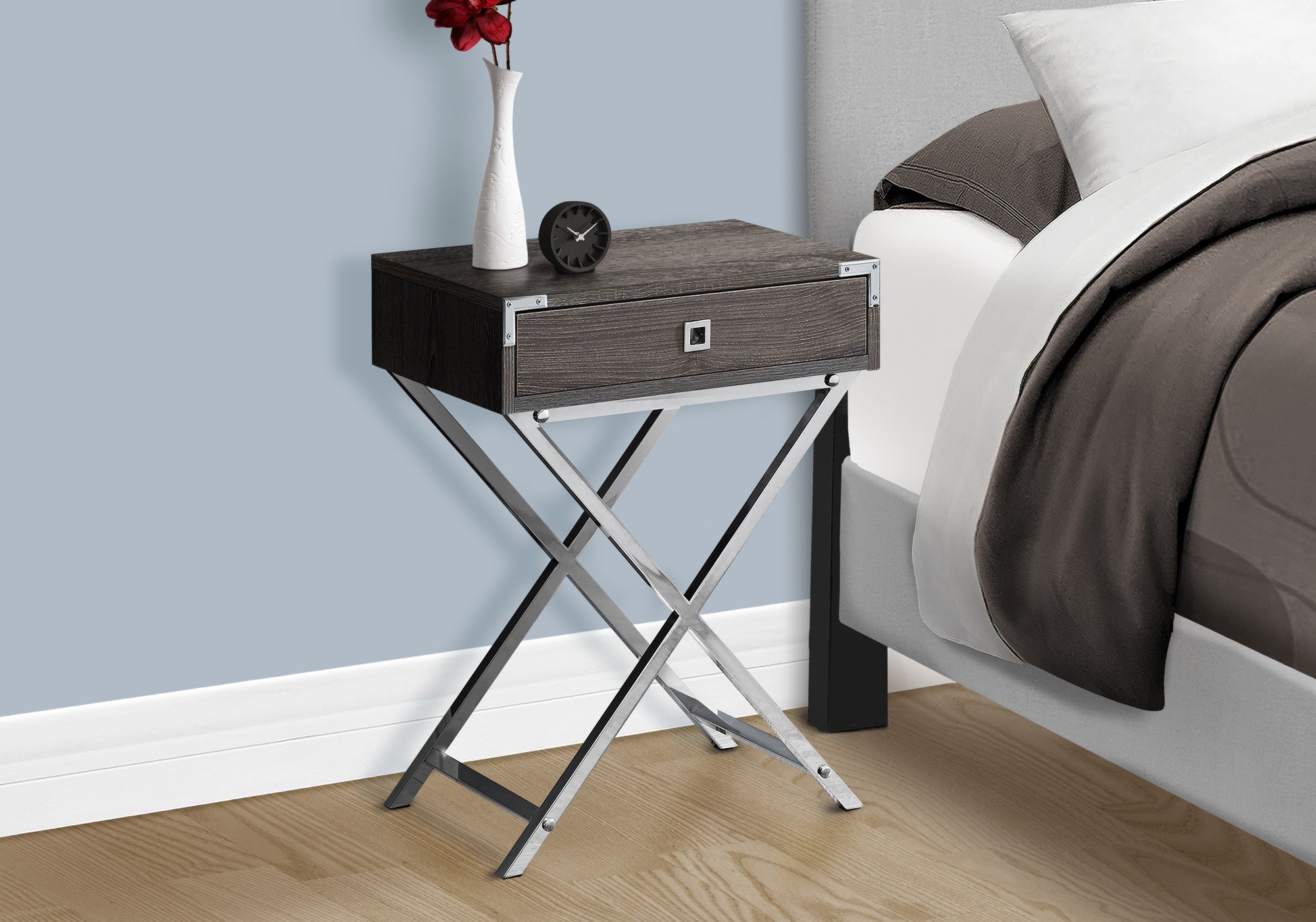 24" Silver And Deep Taupe Wood And Metal End Table With Drawer - GreatEagleInc