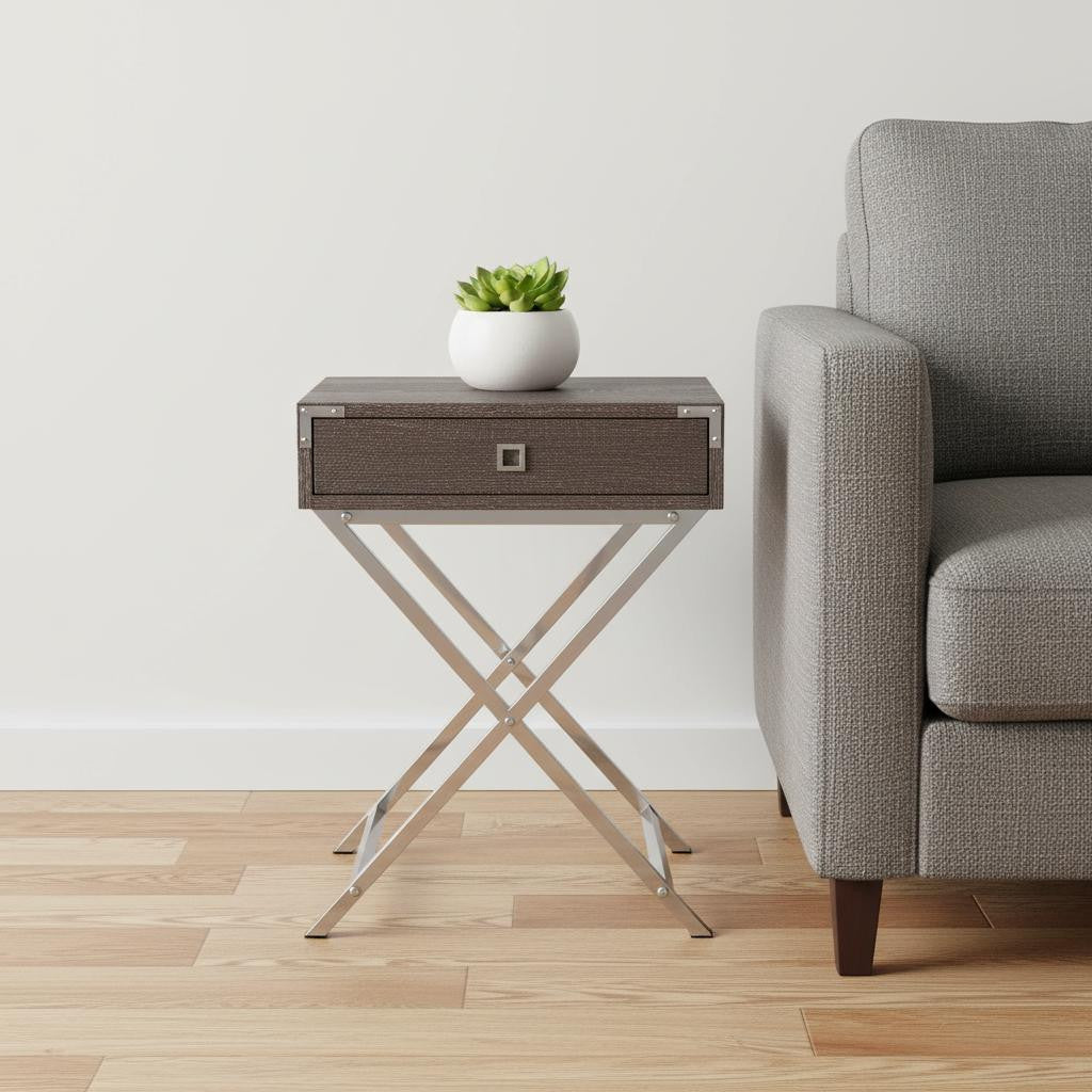24" Silver And Deep Taupe Wood And Metal End Table With Drawer - GreatEagleInc