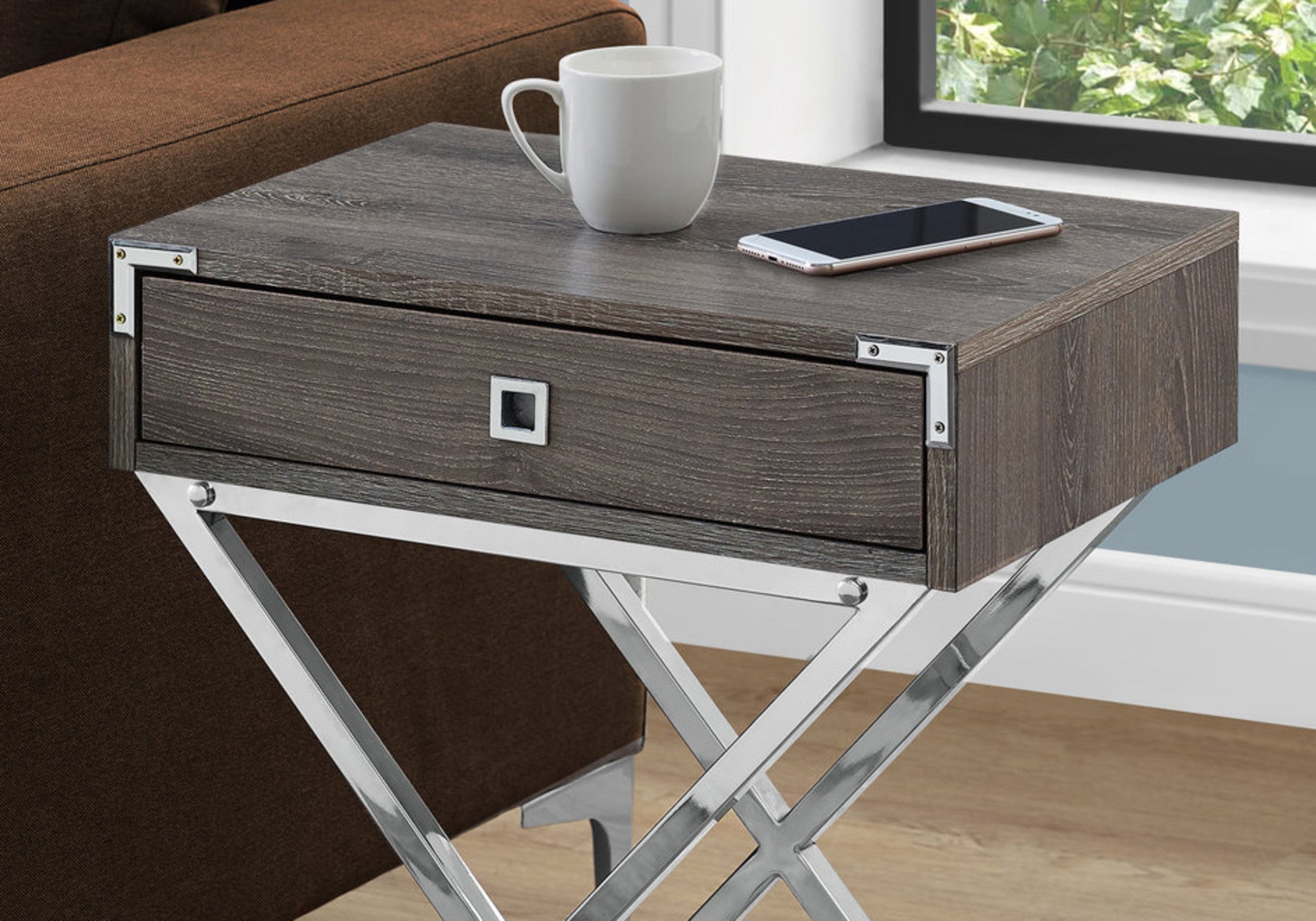 24" Silver And Deep Taupe Wood And Metal End Table With Drawer - GreatEagleInc