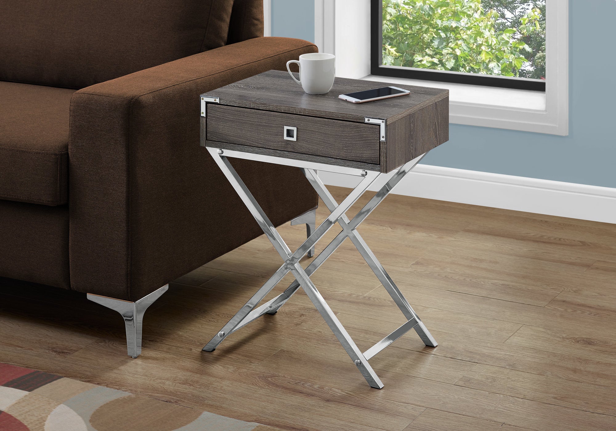 24" Silver And Deep Taupe Wood And Metal End Table With Drawer - GreatEagleInc