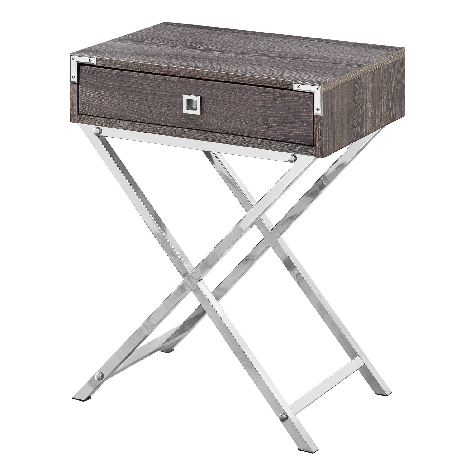 24" Silver And Deep Taupe Wood And Metal End Table With Drawer - GreatEagleInc