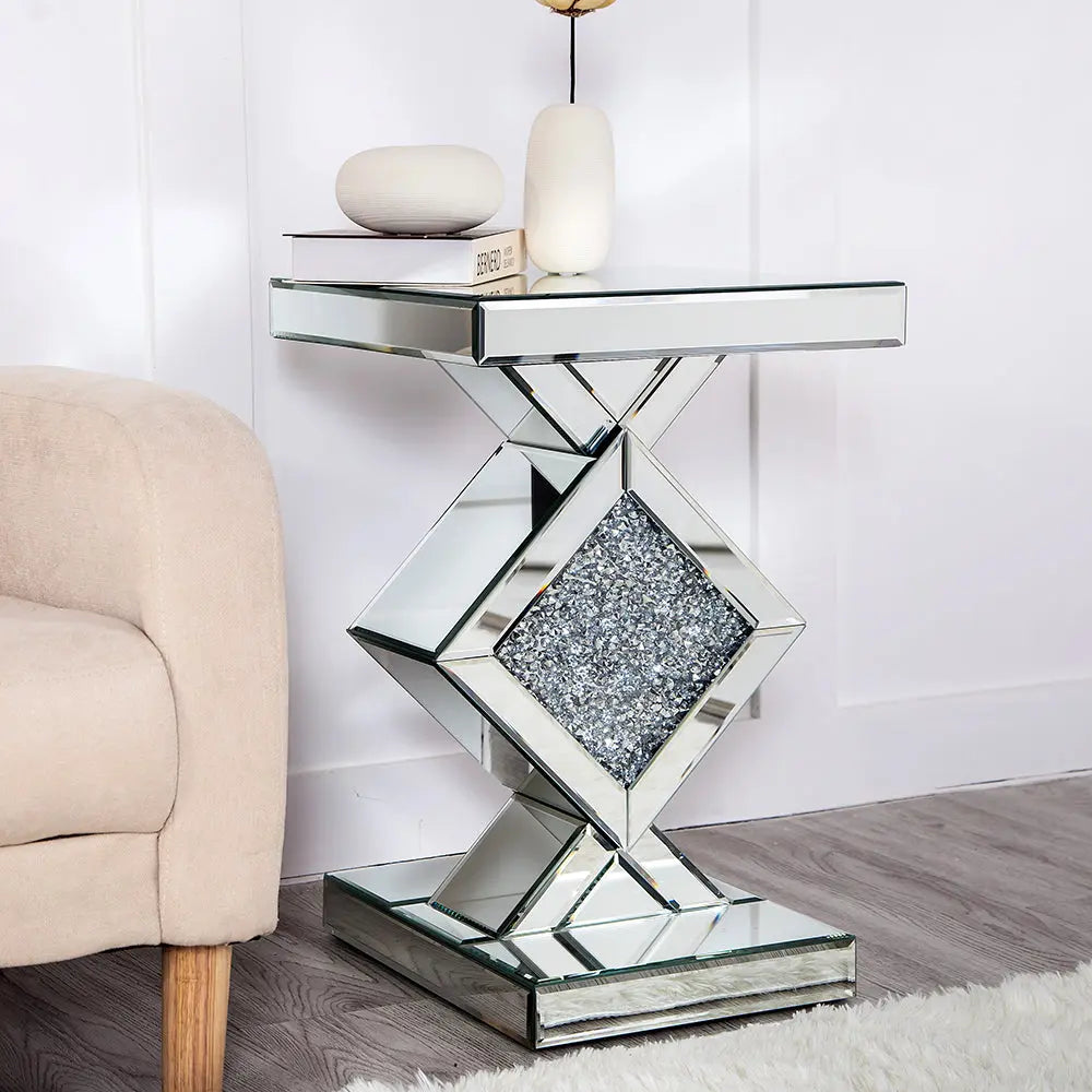 24" Silver Mirrored Glass And Faux Crystals End Table Homeroots Living Room