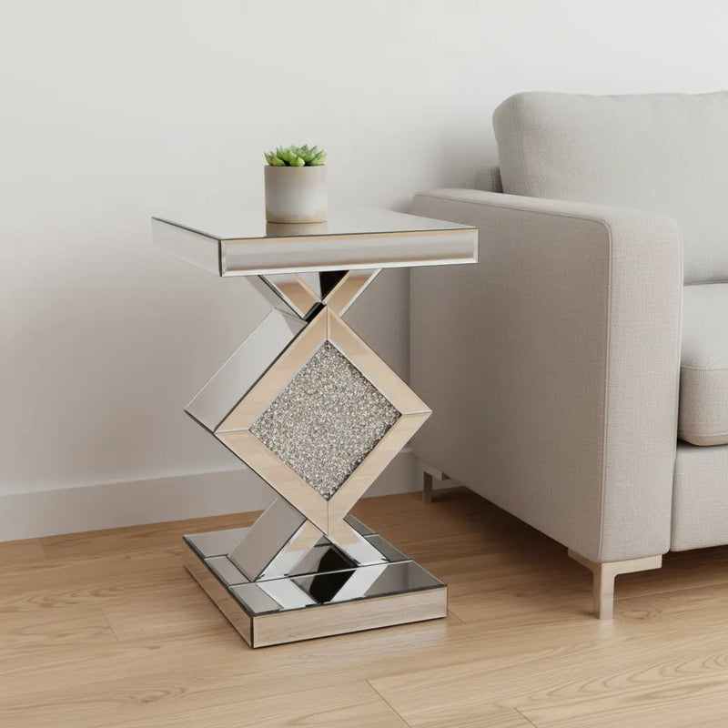 24" Silver Mirrored Glass And Faux Crystals End Table Homeroots Living Room
