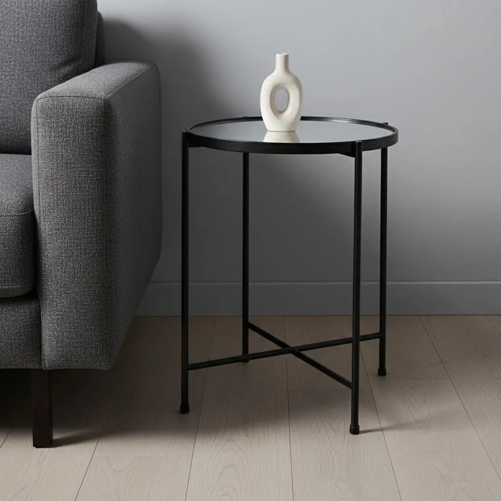24" Silver and Black Mirrored Glass and Iron Round End Table Homeroots Living Room