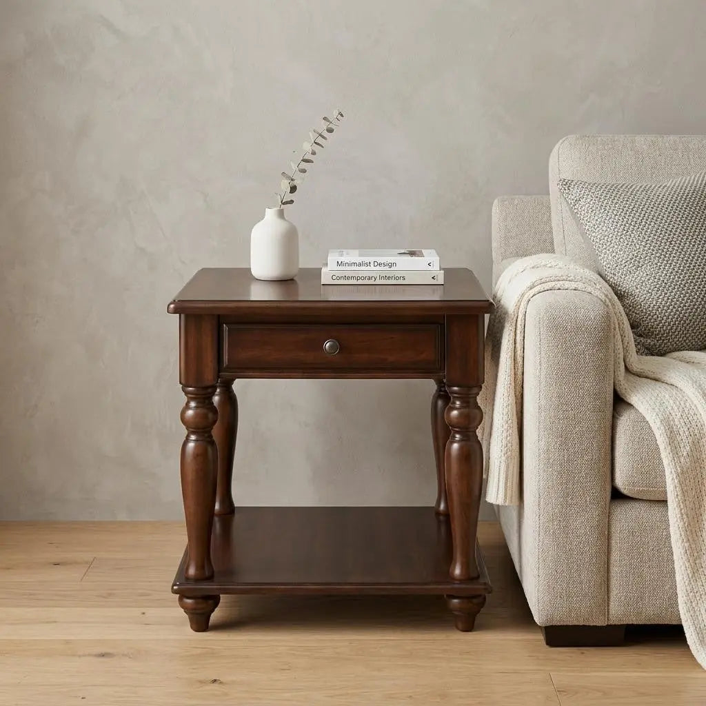 24" Walnut Manufactured Wood Rectangular End Table With Drawer And Shelf Homeroots Living Room