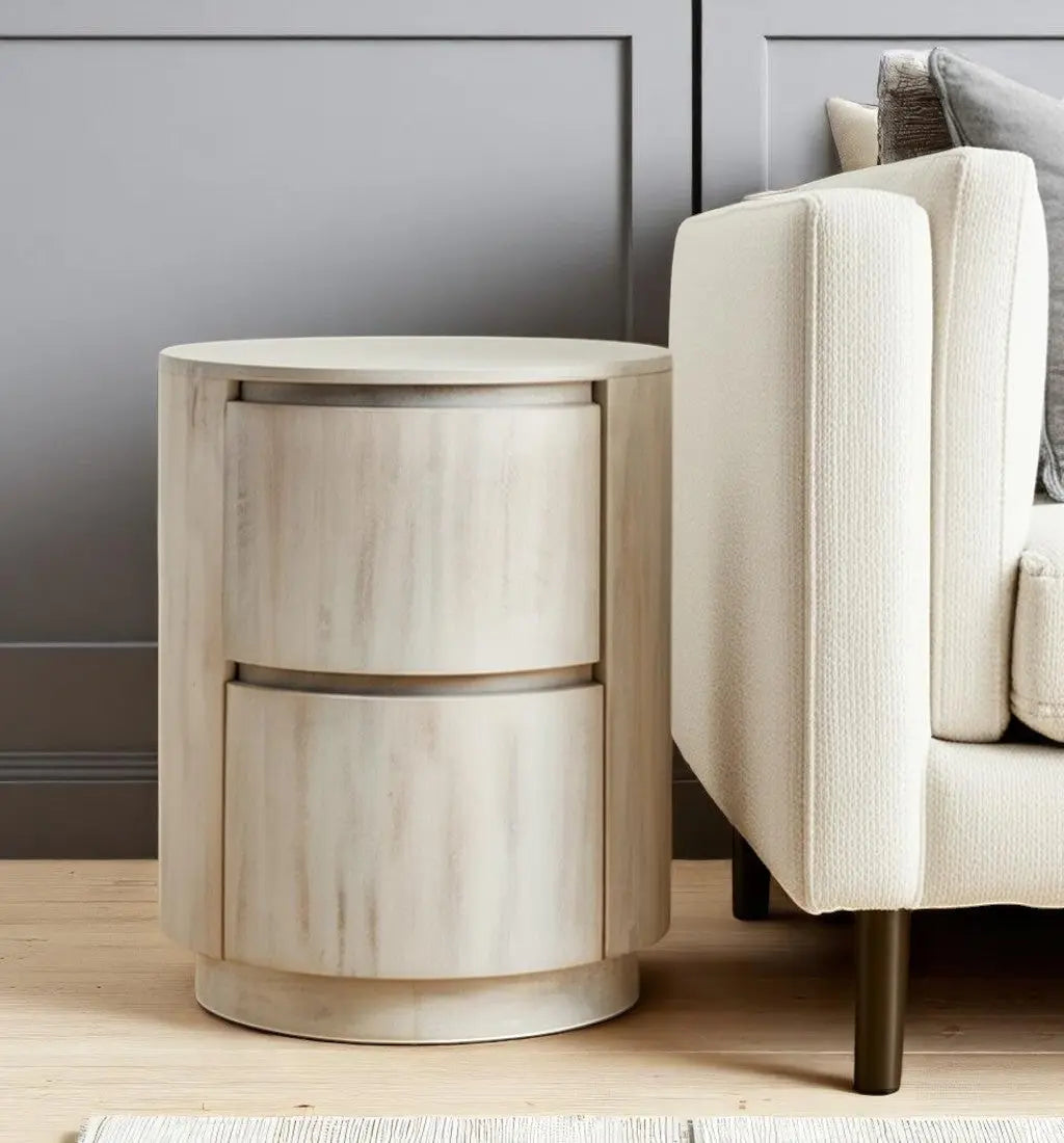 24" White Solid Wood Round Drum End Table With Two Drawers Homeroots Living Room
