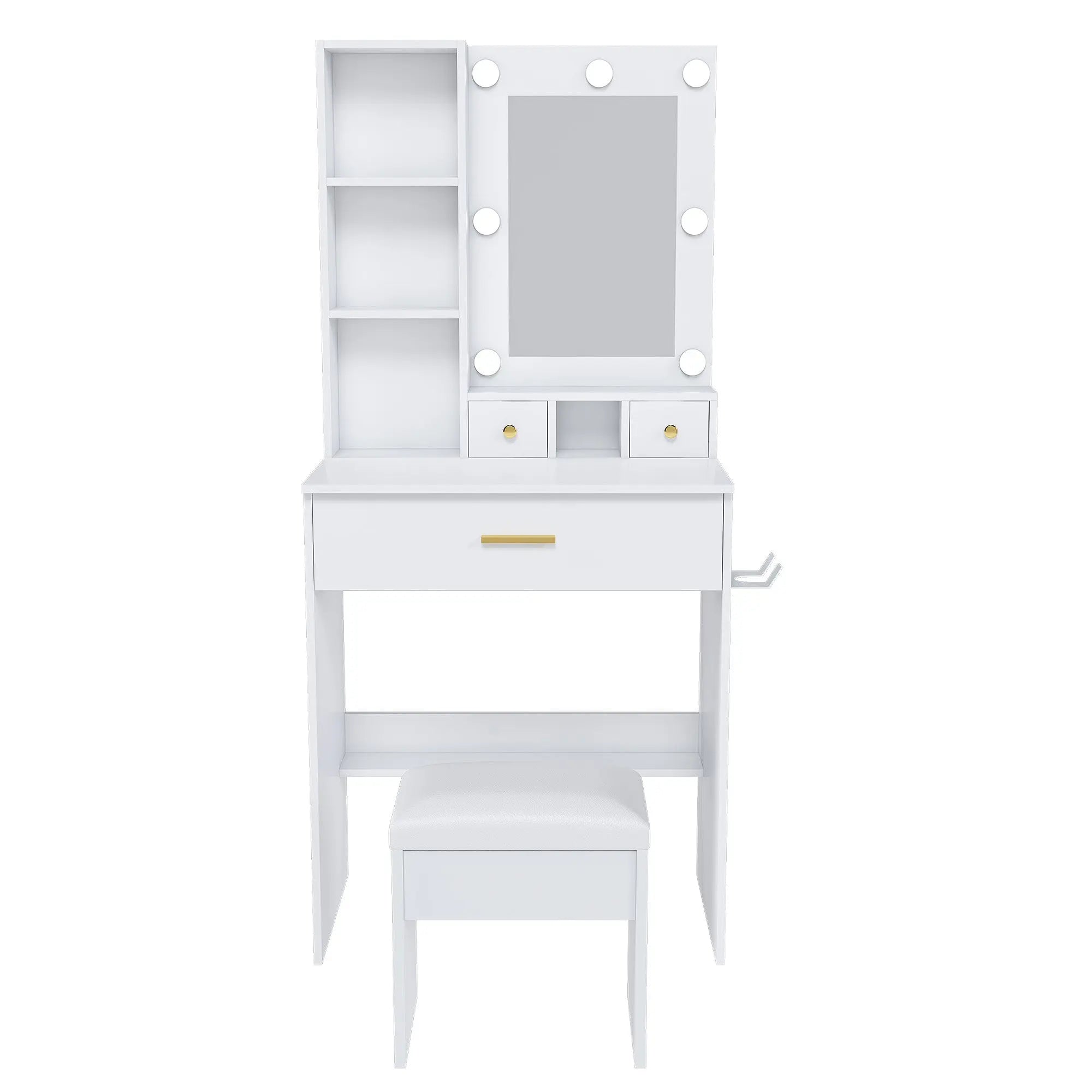 24" White Wood Mirrored Three Drawer Vanity Table And Lights Homeroots Living Room