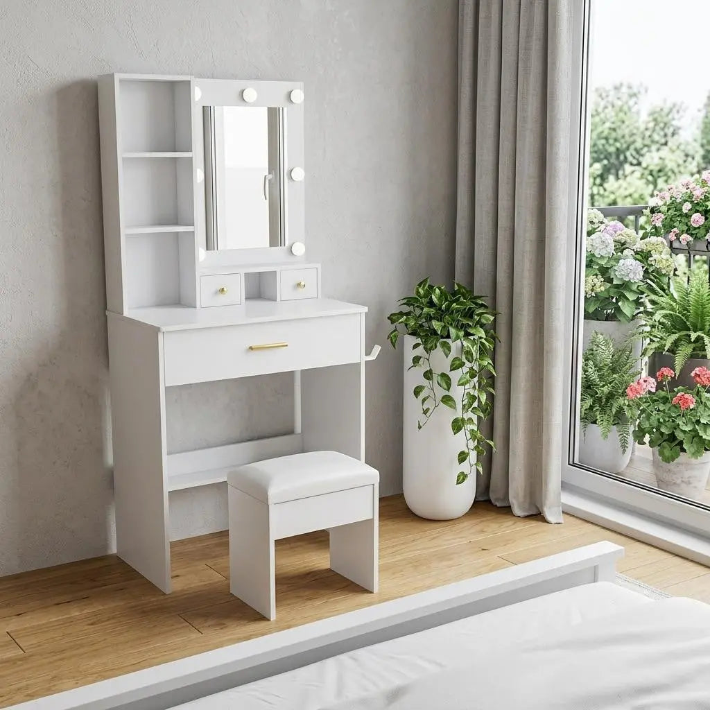 24" White Wood Mirrored Three Drawer Vanity Table And Lights Homeroots Living Room