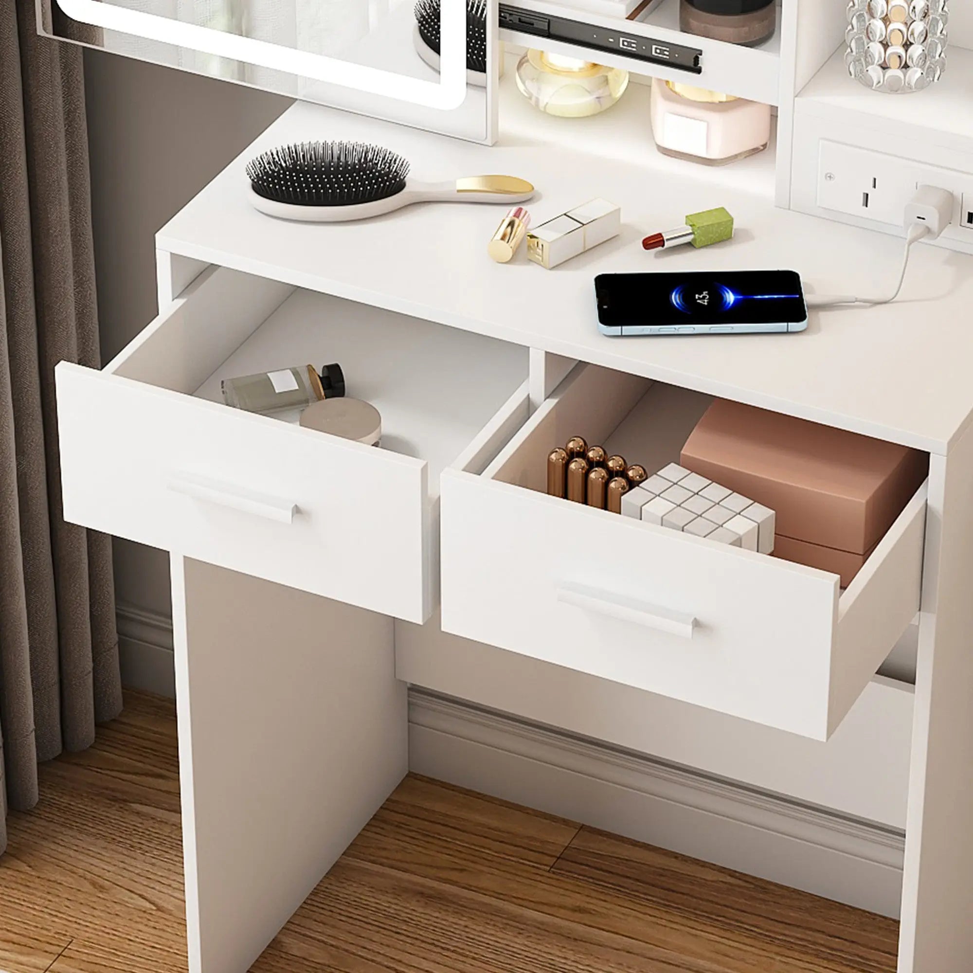 24" White Wood Mirrored Two Drawer Vanity Table And Lights Homeroots Living Room
