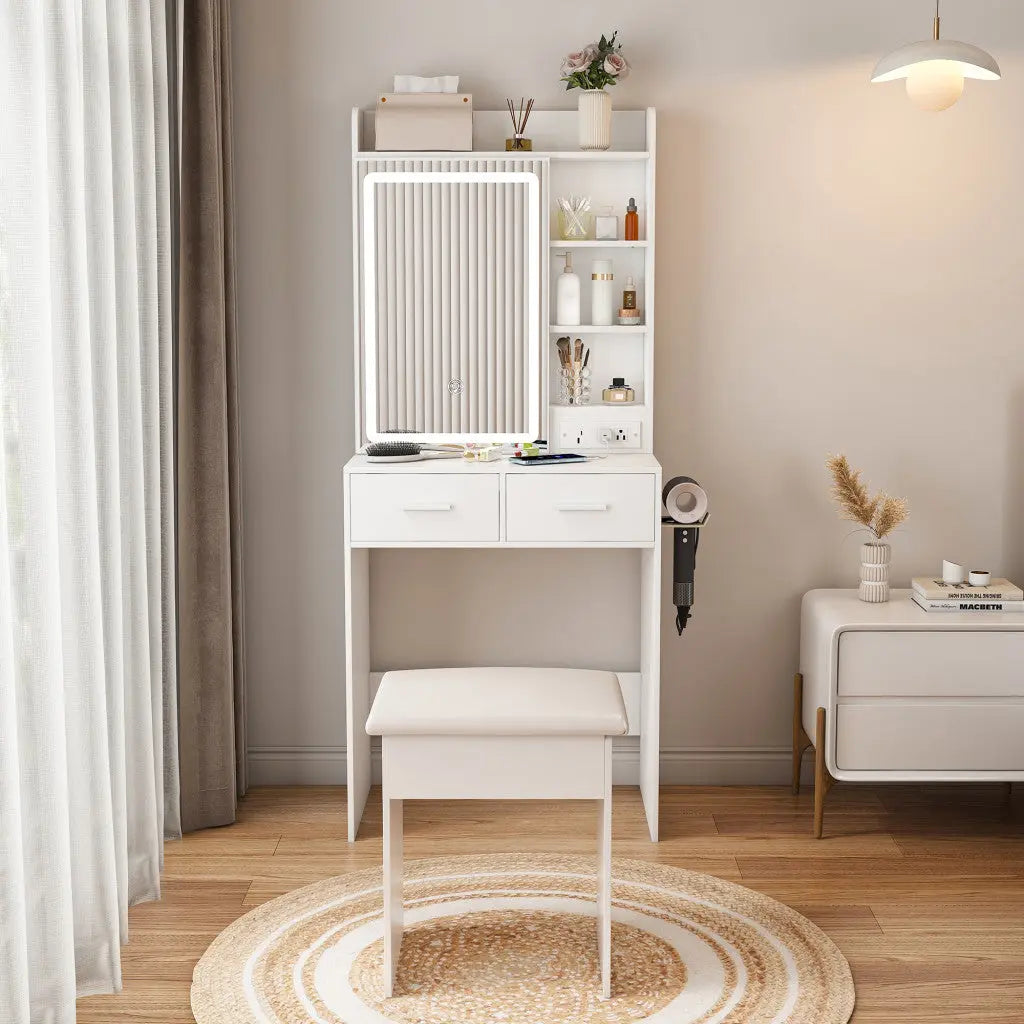 24" White Wood Mirrored Two Drawer Vanity Table And Lights Homeroots Living Room
