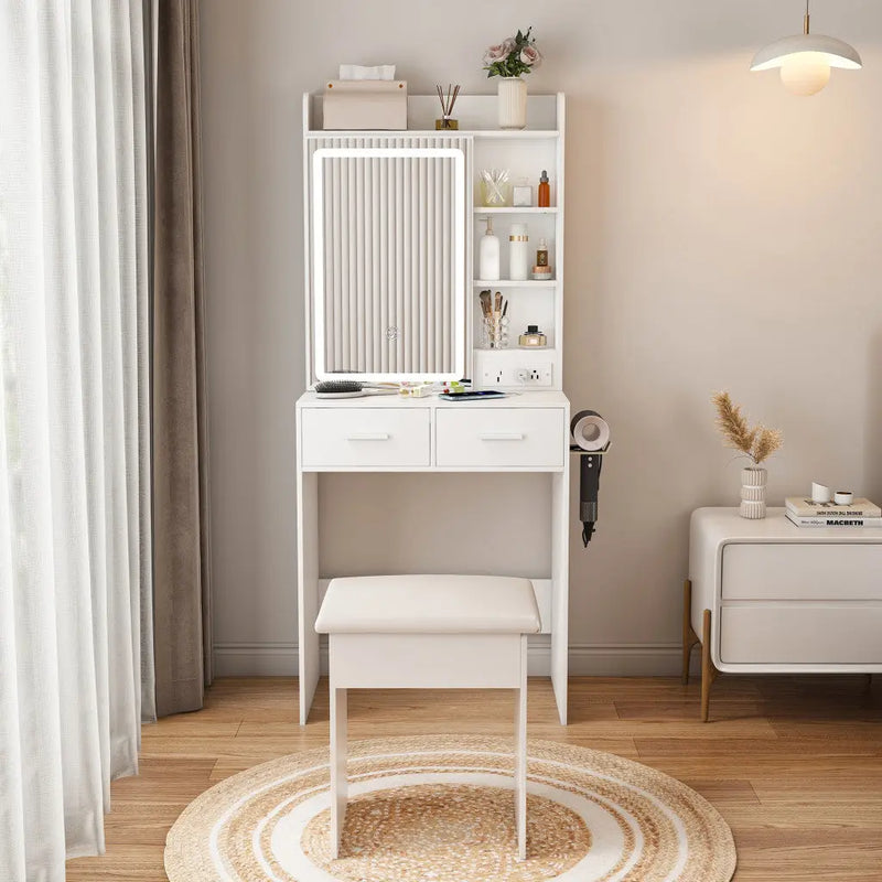 24" White Wood Mirrored Two Drawer Vanity Table And Lights Homeroots Living Room