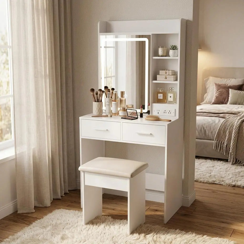 24" White Wood Mirrored Two Drawer Vanity Table And Lights Homeroots Living Room