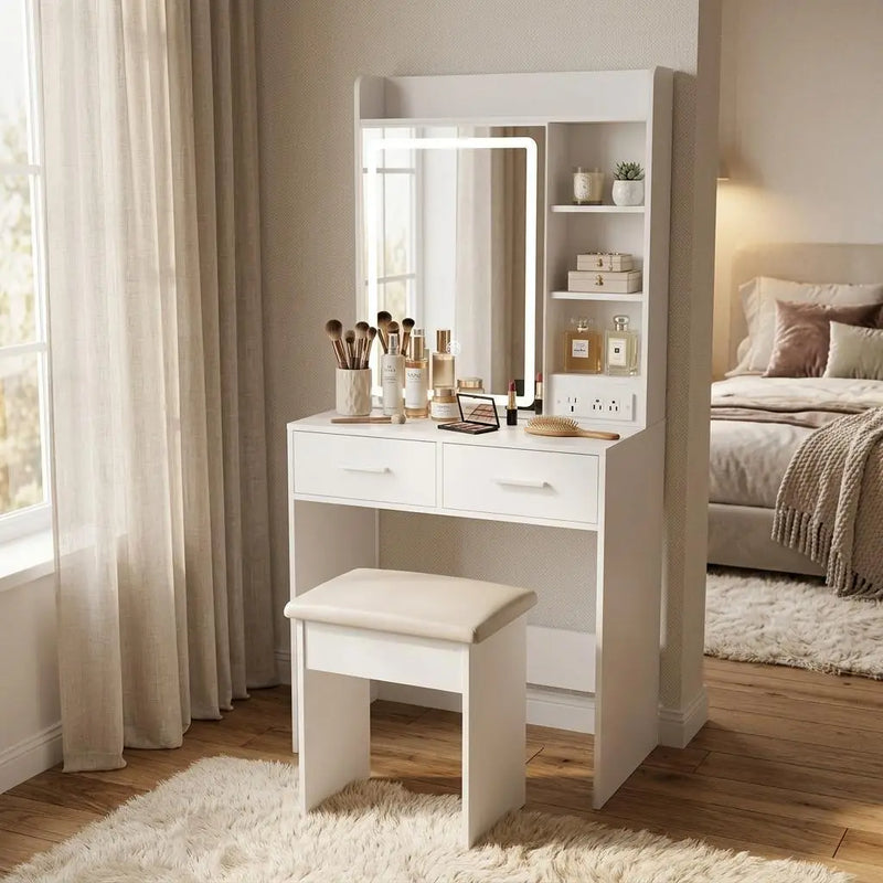 24" White Wood Mirrored Two Drawer Vanity Table And Lights Homeroots Living Room