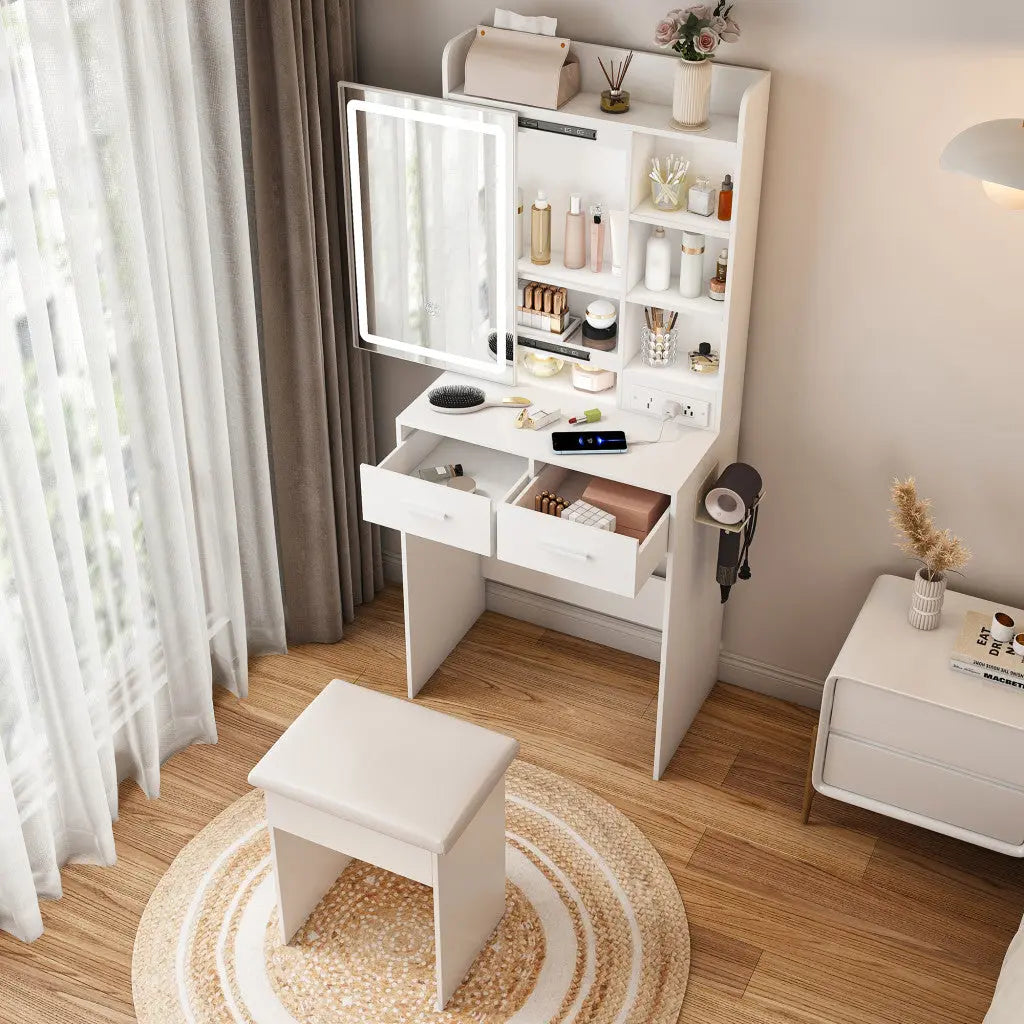 24" White Wood Mirrored Two Drawer Vanity Table And Lights Homeroots Living Room