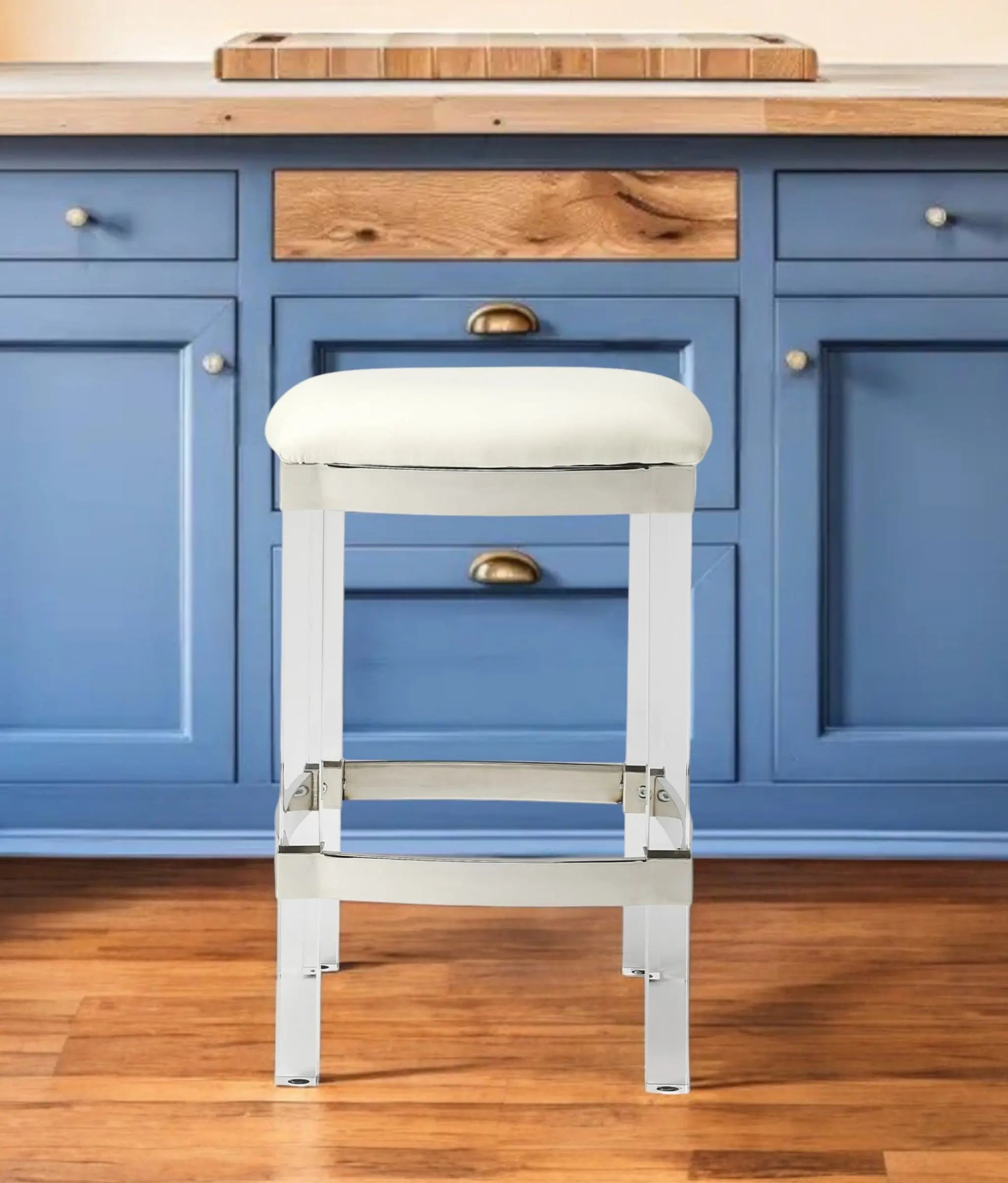 24" White and Clear Stainless Steel and Acrylic Backless Counter Height Bar Chair Homeroots Living Room